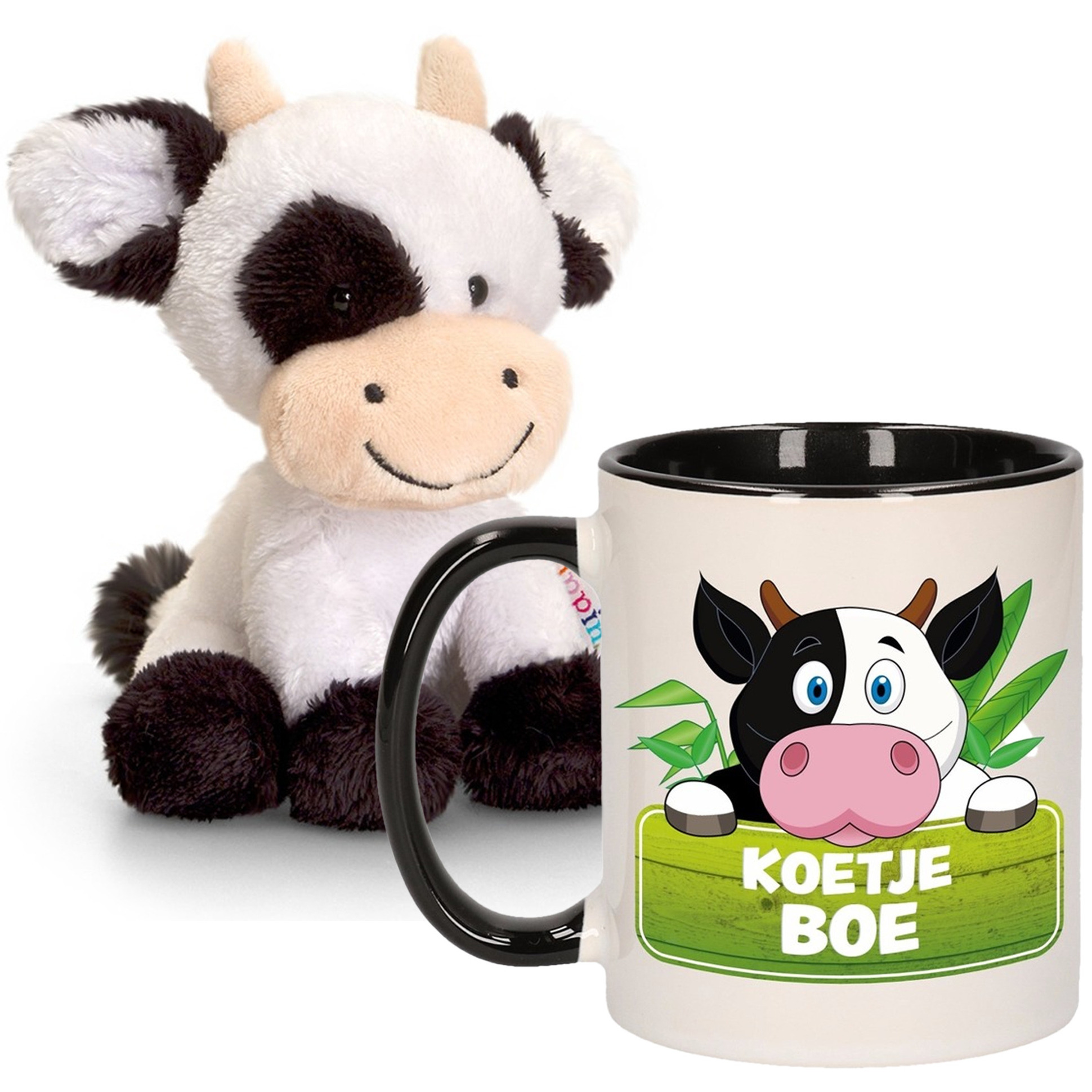 Cadeau set kind - Koeien knuffel 14 cm en Drinkbeker/mok Koe 300 ml -