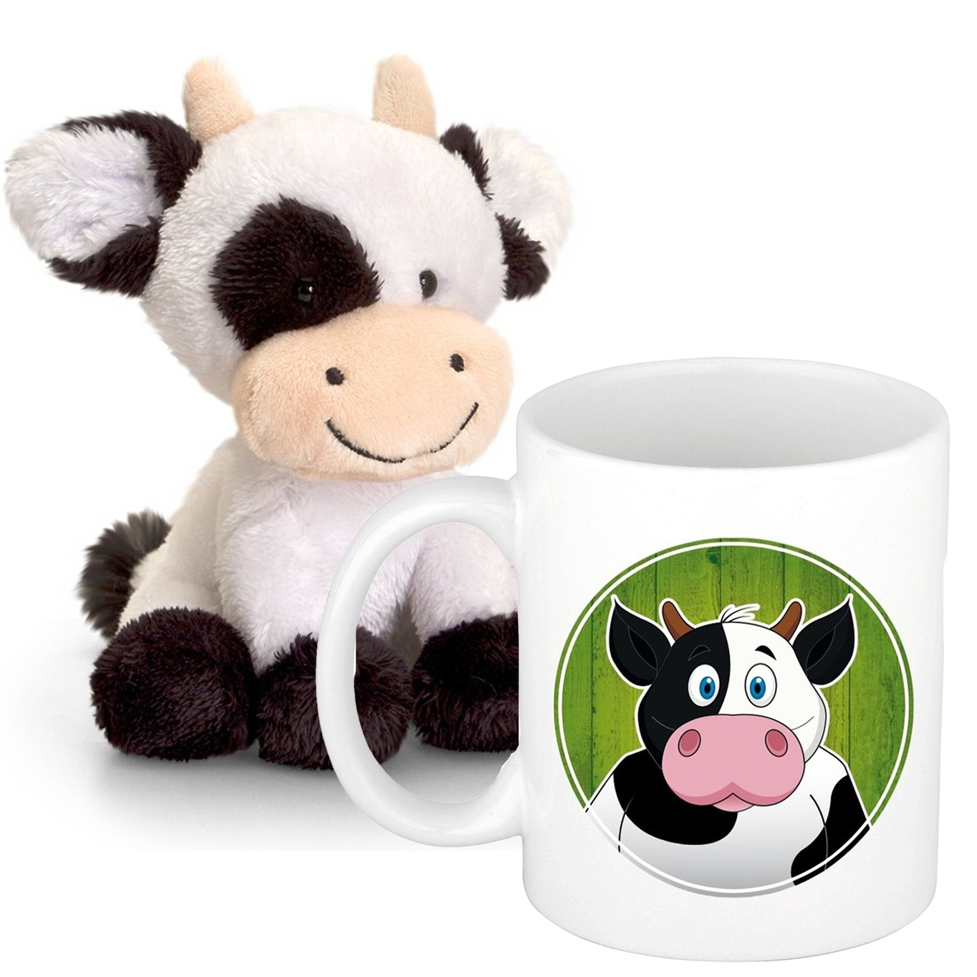 Cadeau set kind - Koeien knuffel 14 cm en Drinkbeker/mok Koe 300 ml -