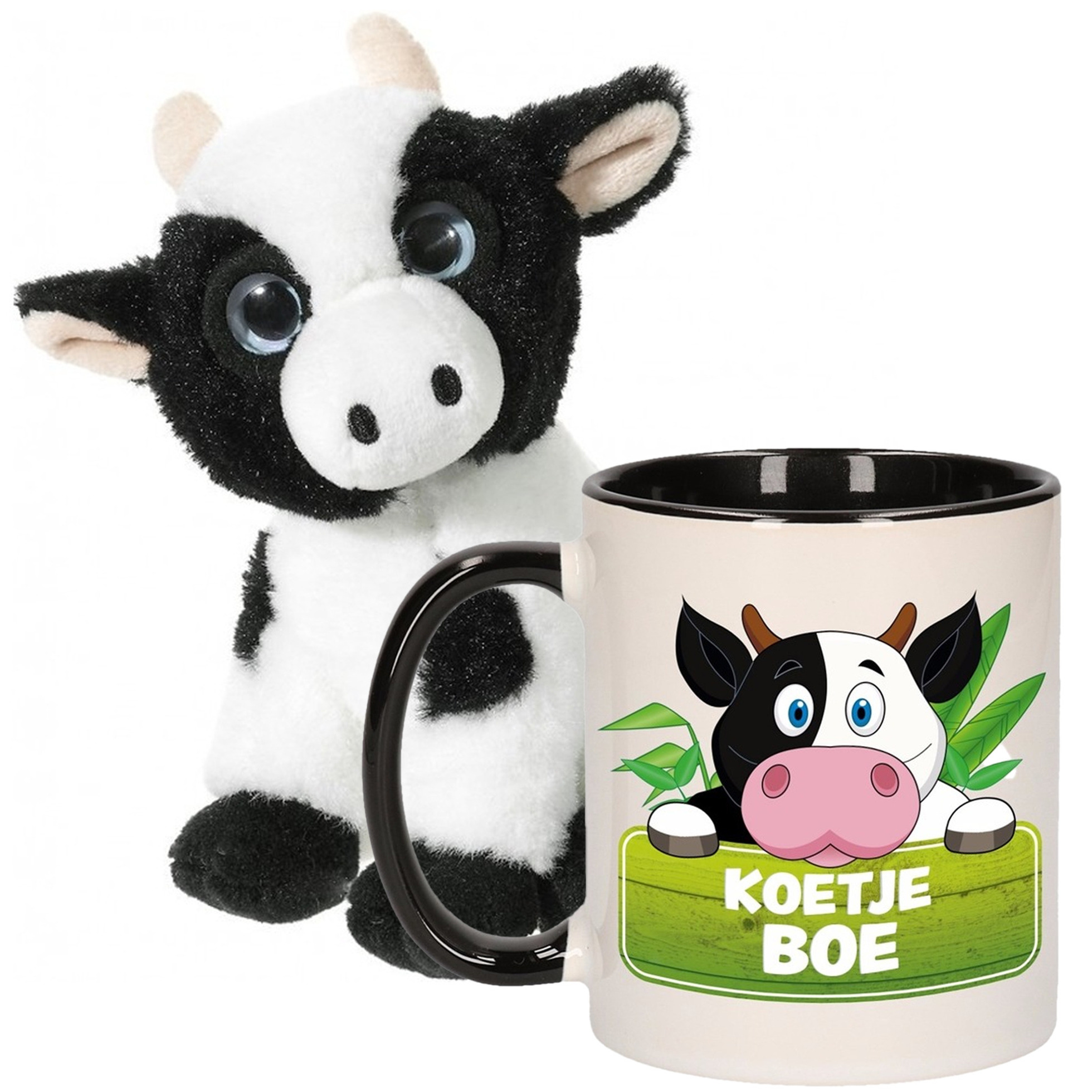 Cadeau set kind - Koeien knuffel 14 cm en Drinkbeker/mok Koe 300 ml -
