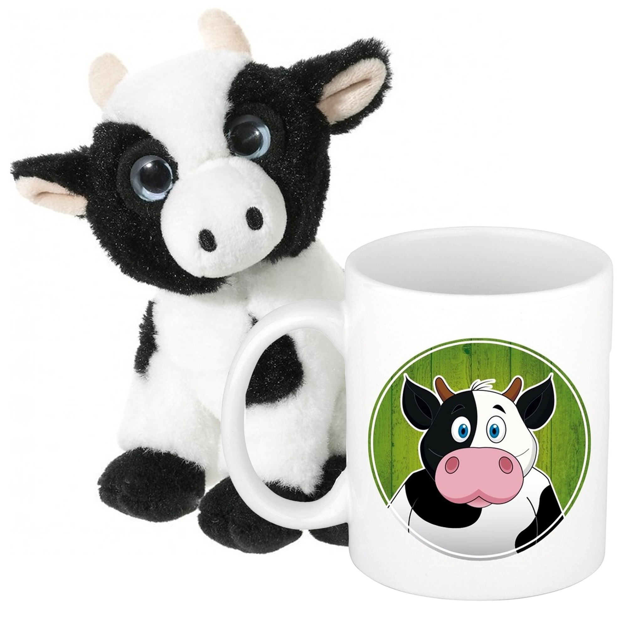 Cadeau set kind - Koeien knuffel 14 cm en Drinkbeker/mok Koe 300 ml -