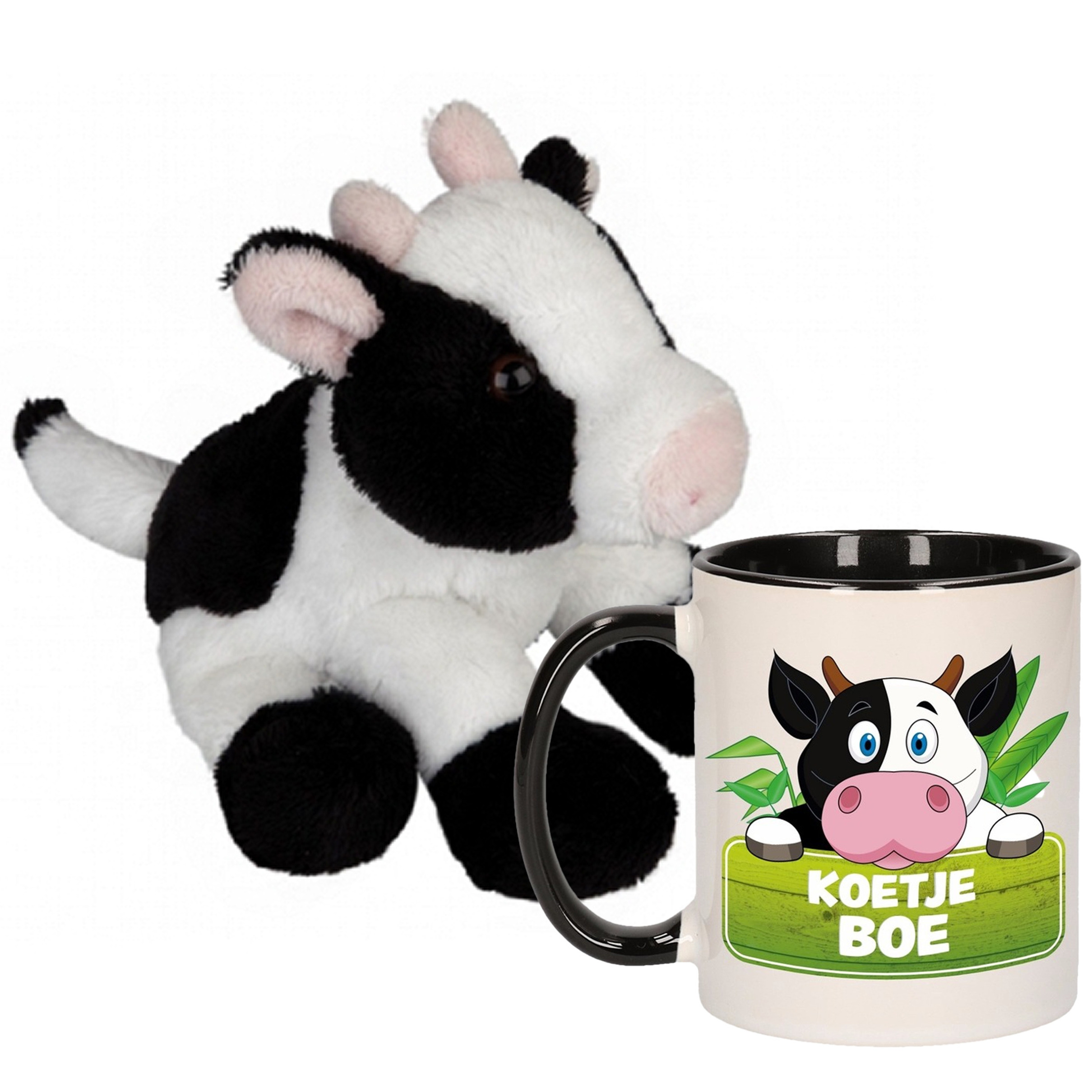 Cadeau set kind - Koeien knuffel 15 cm en Drinkbeker/mok Koe 300 ml -