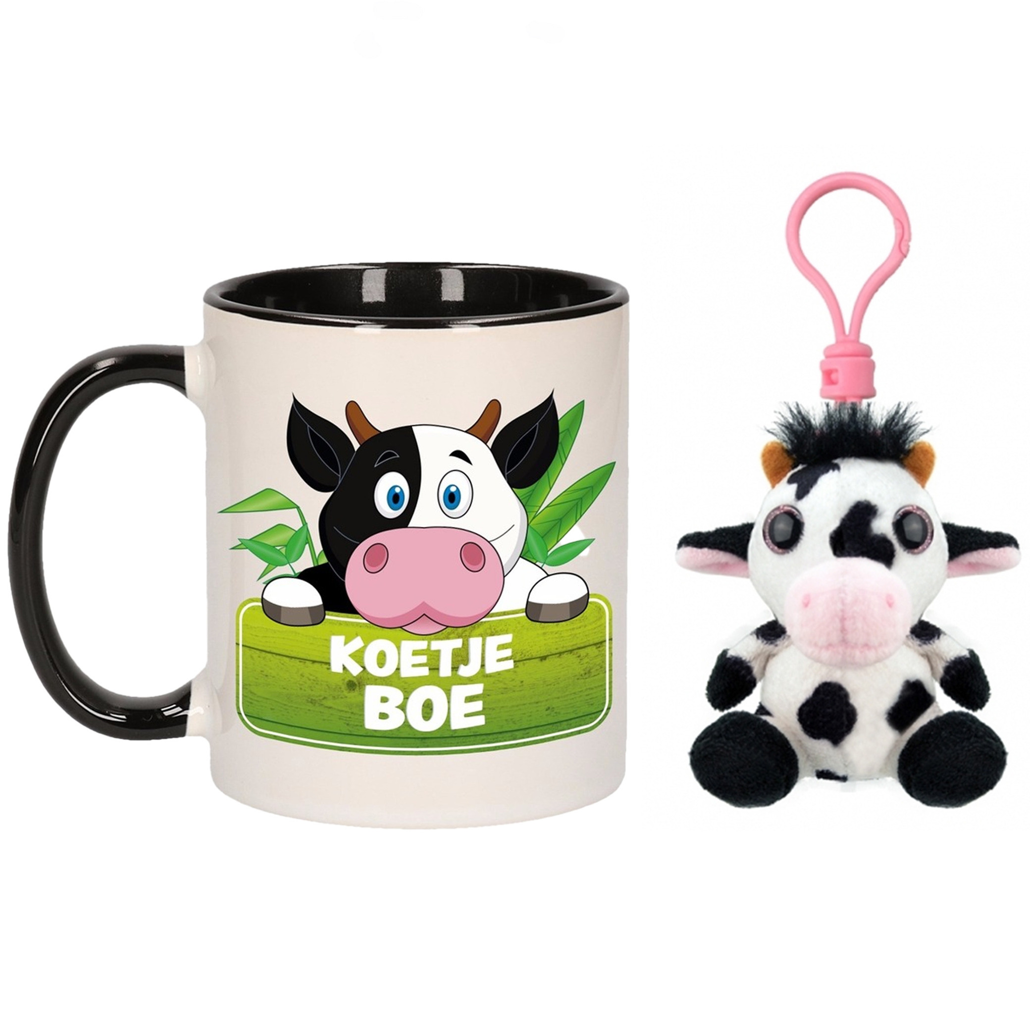 Cadeau set kind - Koe sleutelhanger knuffel 9 cm en Drink mok 300 ml -