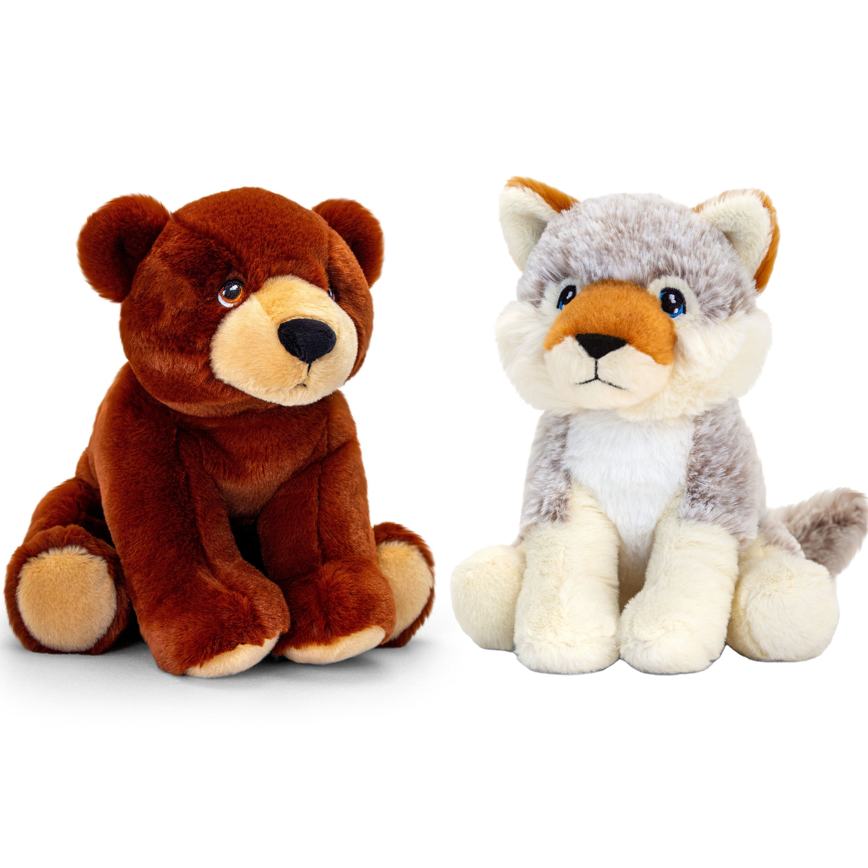 Pluche knuffels combi-set dieren wolf en bruine beer 25 cm -