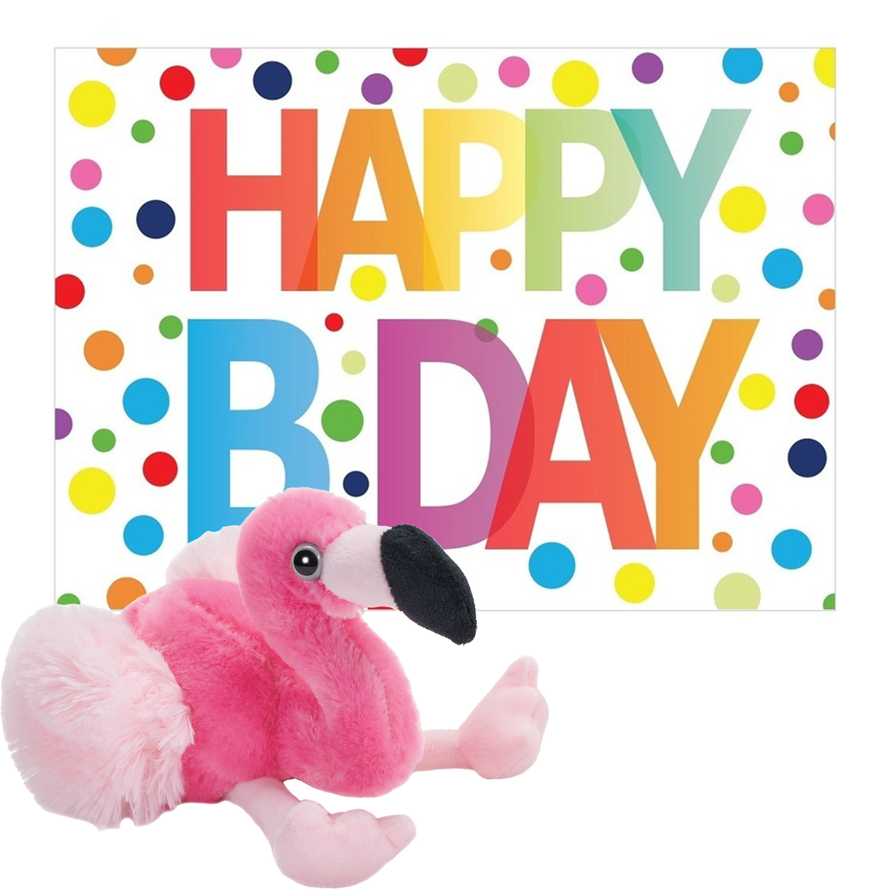 Pluche dieren knuffel flamingo 18 cm met Happy Birthday wenskaart -