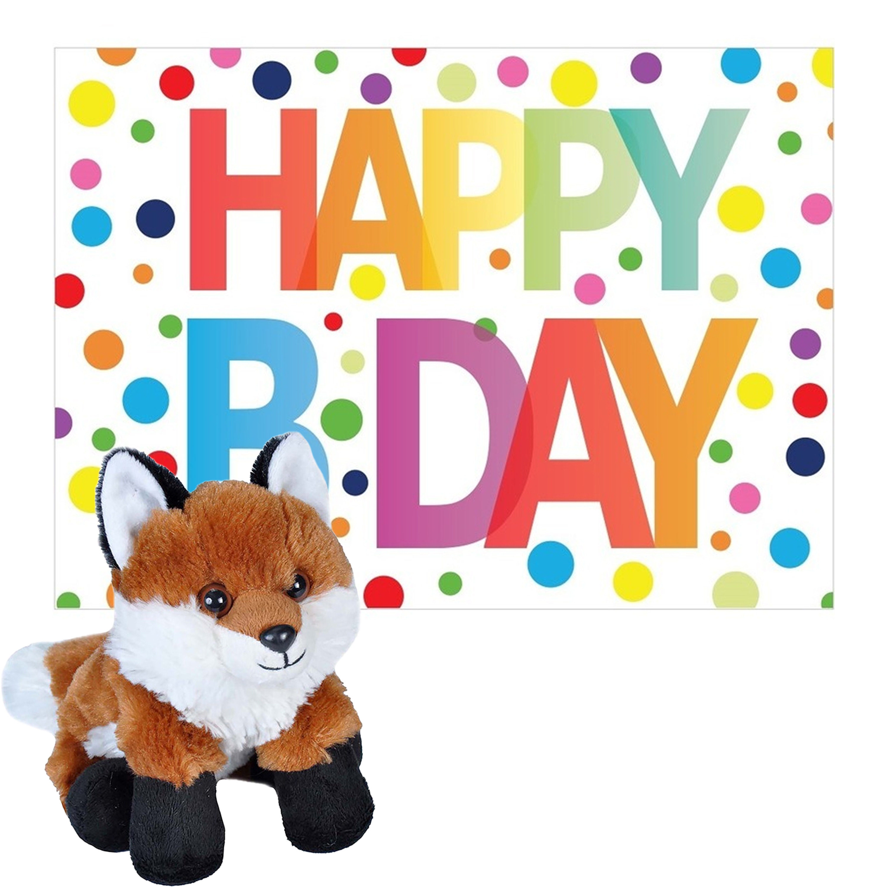 Pluche dieren knuffel rode vos 18 cm met Happy Birthday wenskaart -