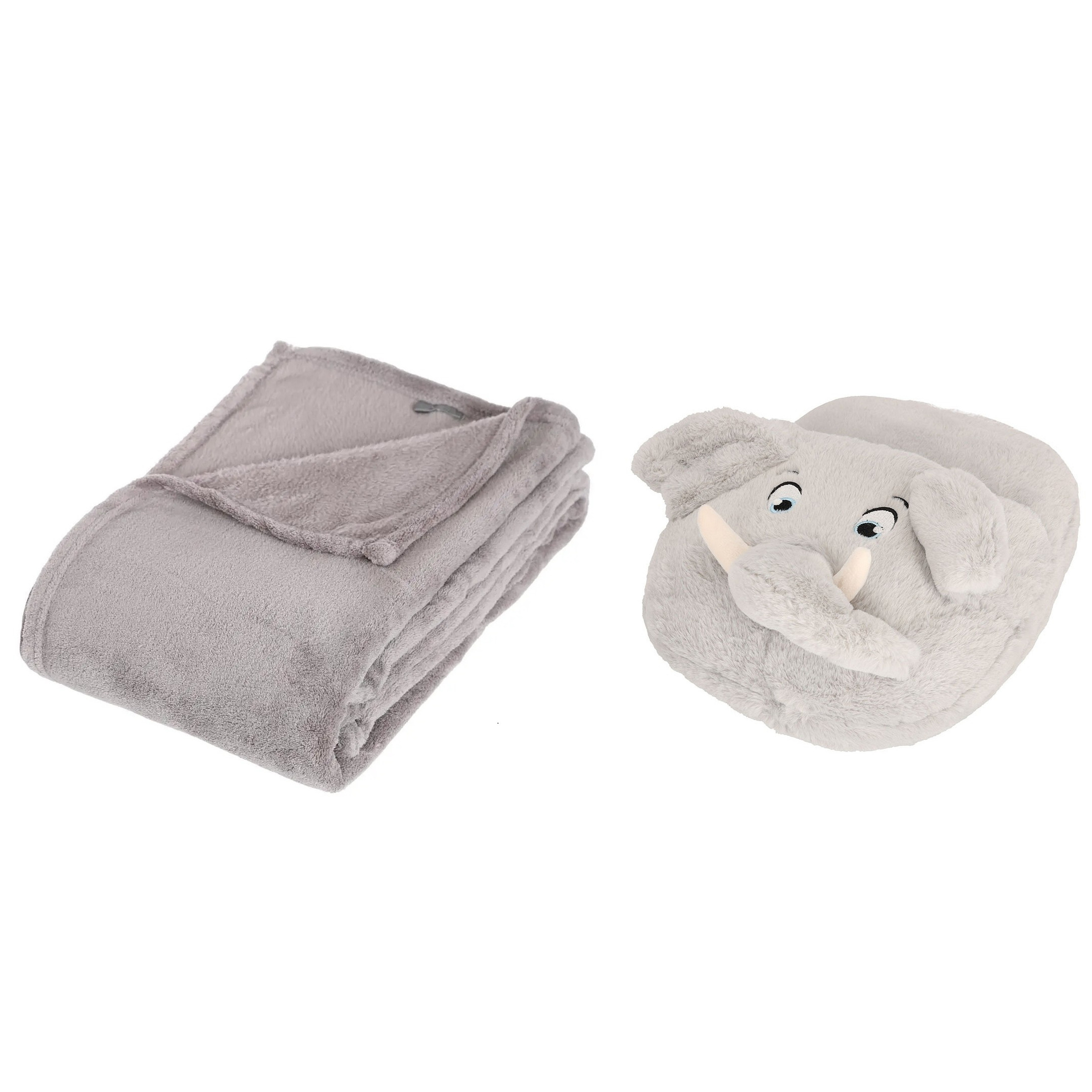 Fleece deken grijs 125 x 150 cm met voetenwarmer slof olifant one size One size -