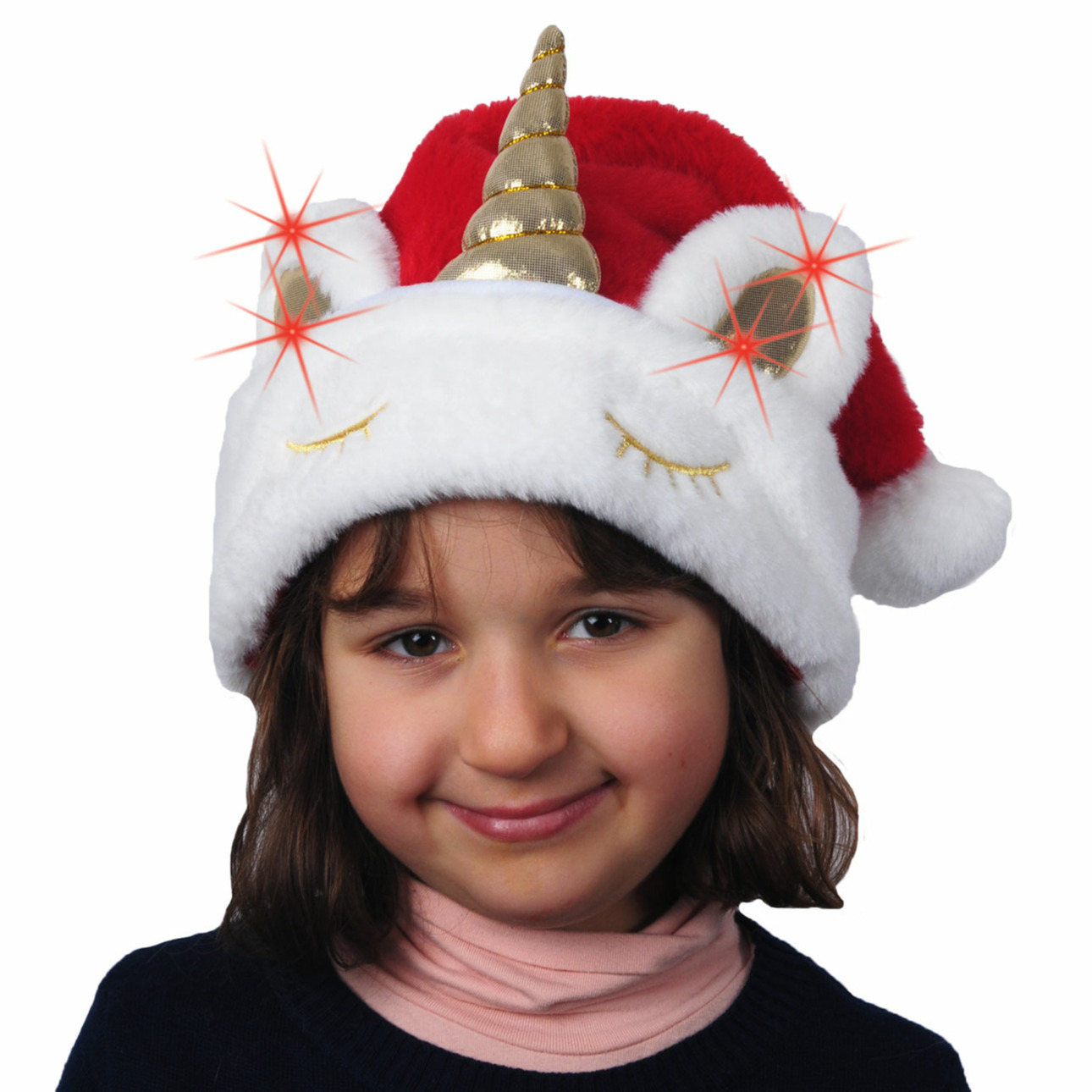 Kerstmutsen - 2x stuks - rood - eenhoorn - met licht - voor kinderen -