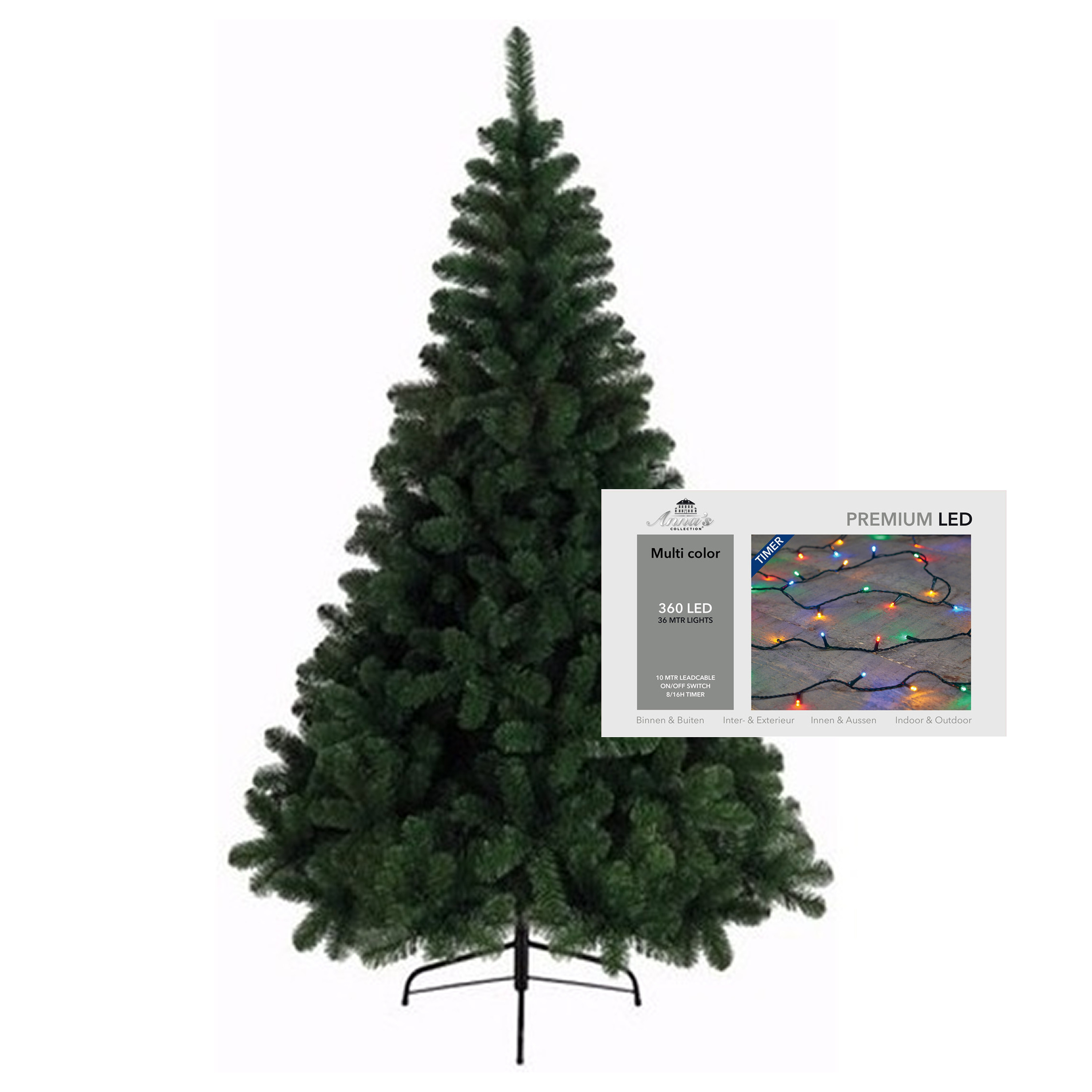 Kerstboom 210 cm incl. kerstverlichting lichtsnoer gekleurd -