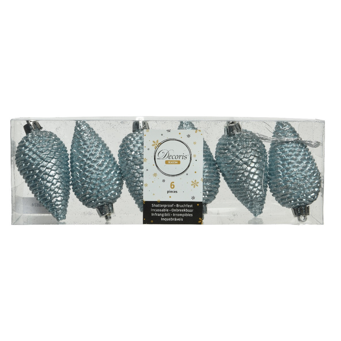 Kersthangers dennenappels - 6x st - lichtblauw - glitter - 8 cm - kunststof - kerstversiering -