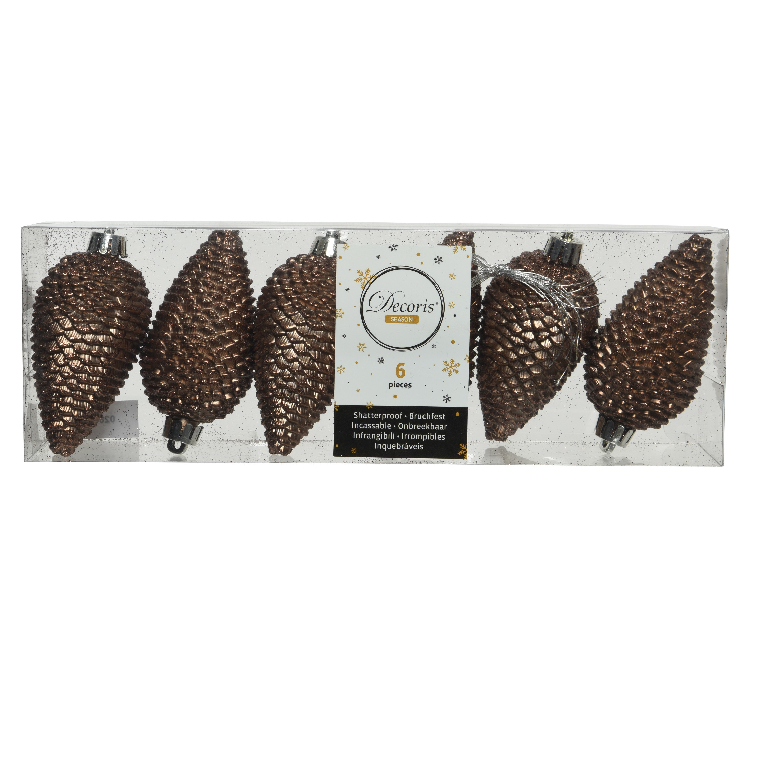 Kersthangers dennenappels - 6x st - walnoot bruin - glitter - 8 cm - kunststof - kerstversiering -