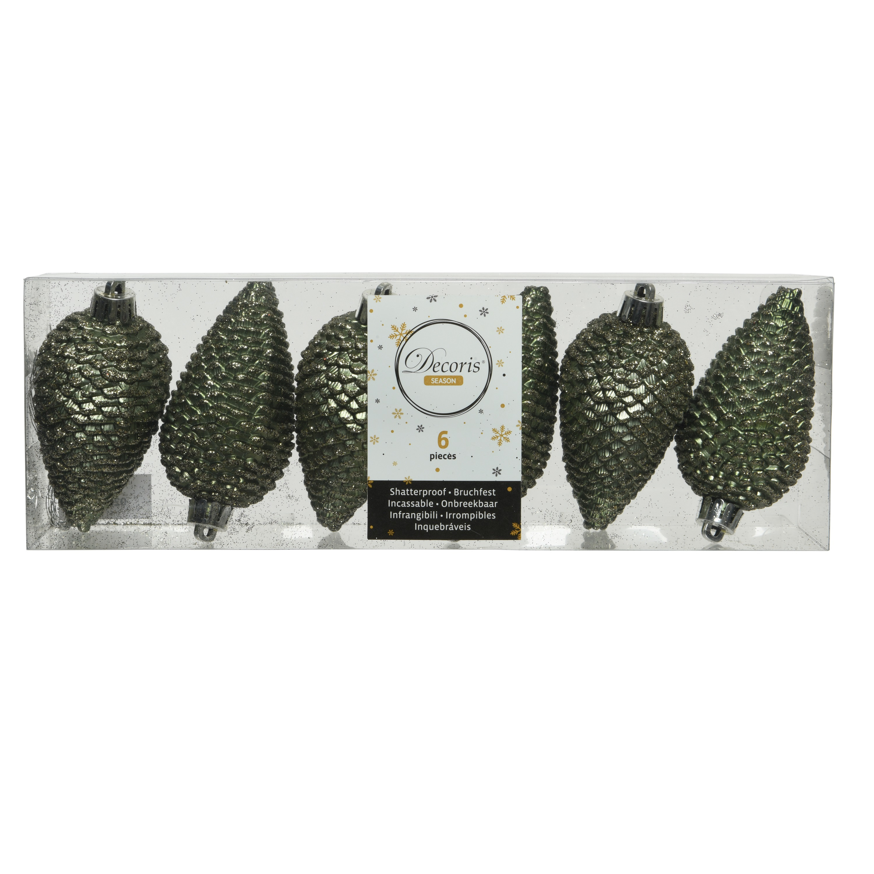 Kersthangers dennenappels - 6x st - mosgroen - glitter - 8 cm - kunststof - kerstversiering -