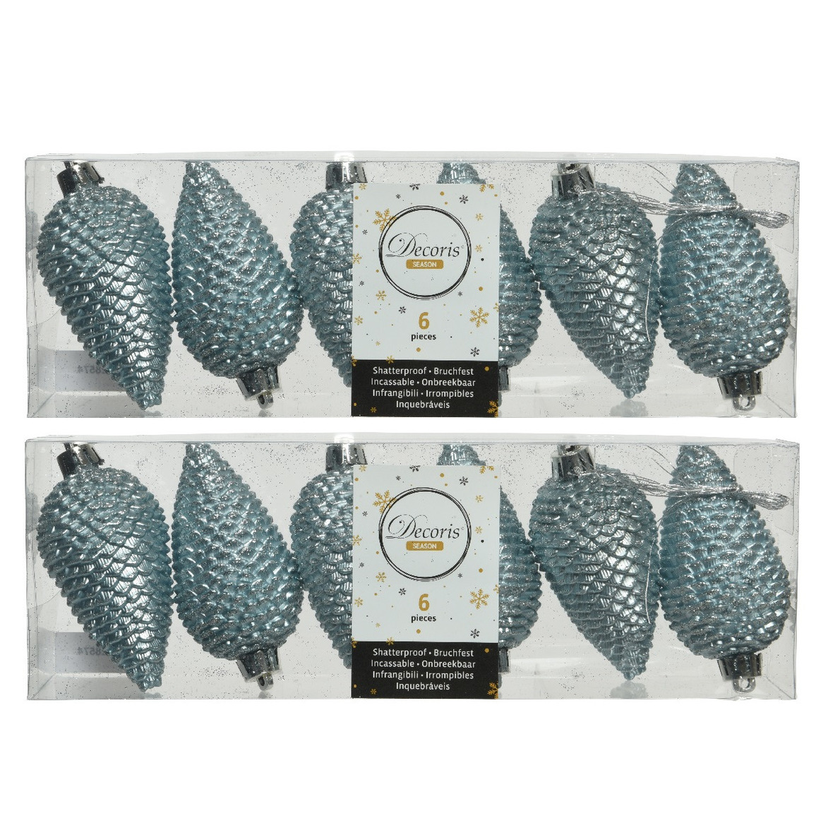 12x stuks kunststof glitter dennenappels kersthangers lichtblauw 8 cm -