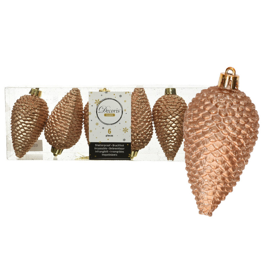 Decoris dennenappels kersthangers 6x stuks bruin 8 cm kunststof -