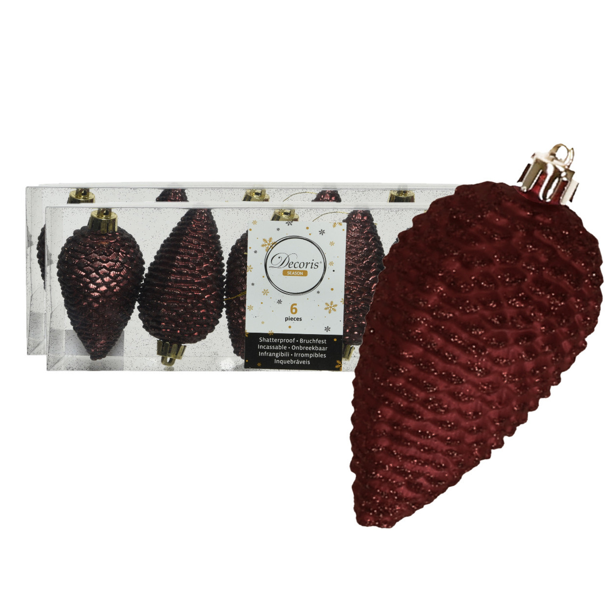 Kersthangers dennenappels - 12x st - mahonie bruin - glitter - 8 cm - kunststof - kerstversiering -