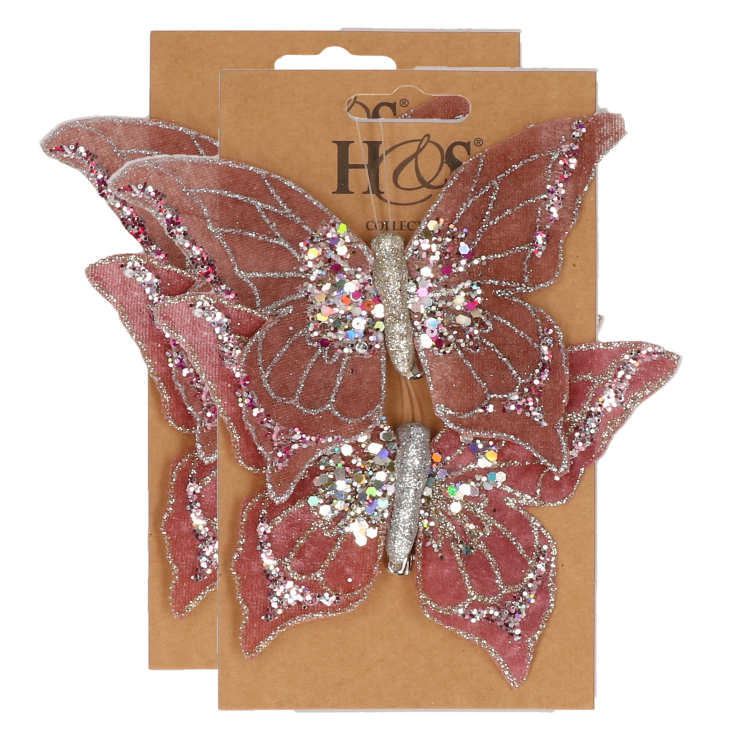 4x stuks kunststof decoratie vlinders op clip roze 10 x 15 cm -