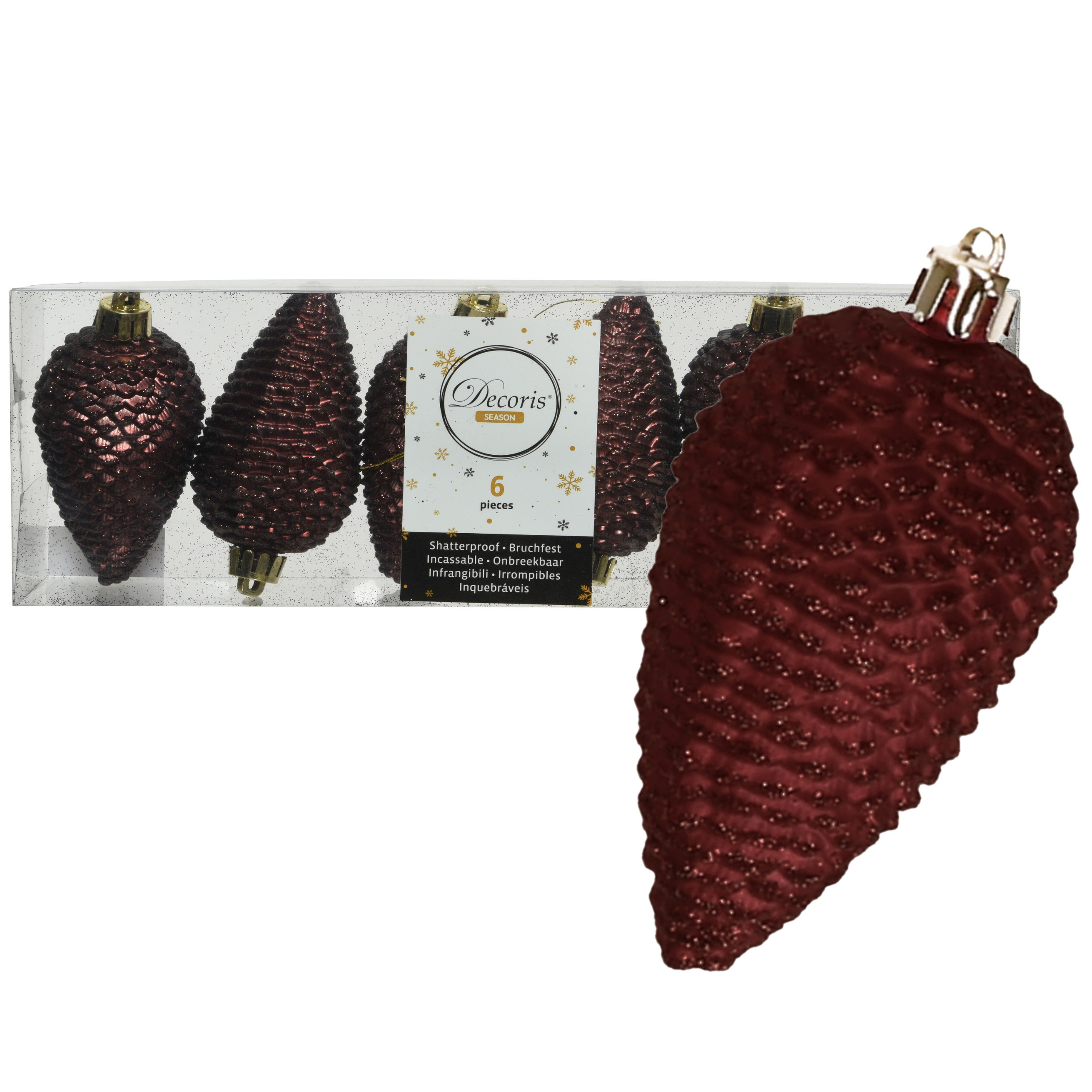 Kersthangers dennenappels - 6x st - mahonie bruin - glitter - 8 cm - kunststof - kerstversiering -