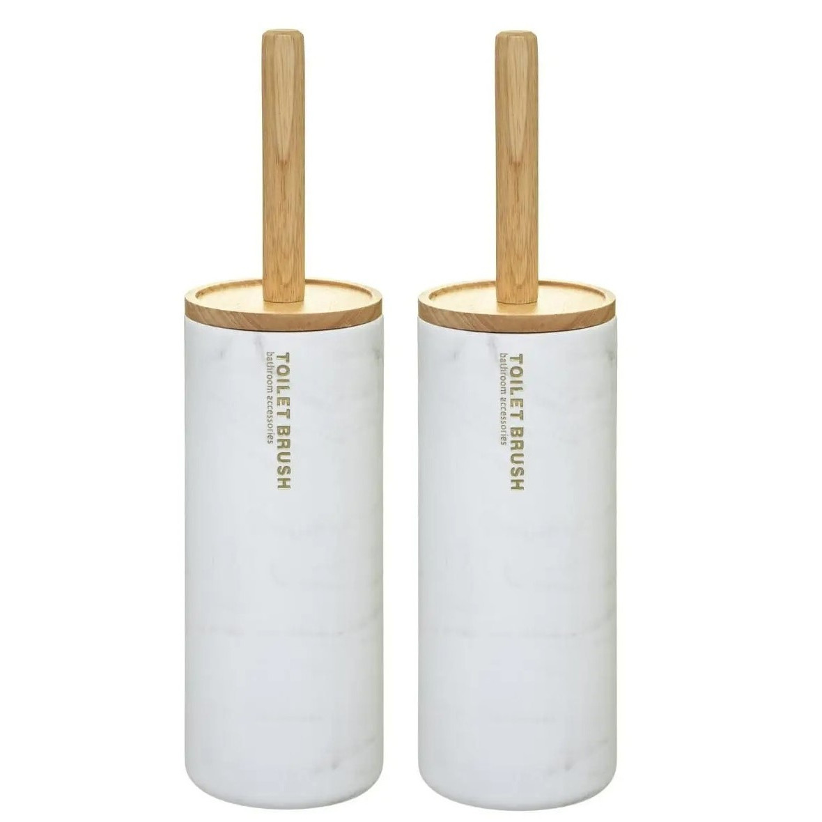 2x stuks WC-/toiletborstel met houder rond wit met marmer effect kunststof/bamboe 38 cm -