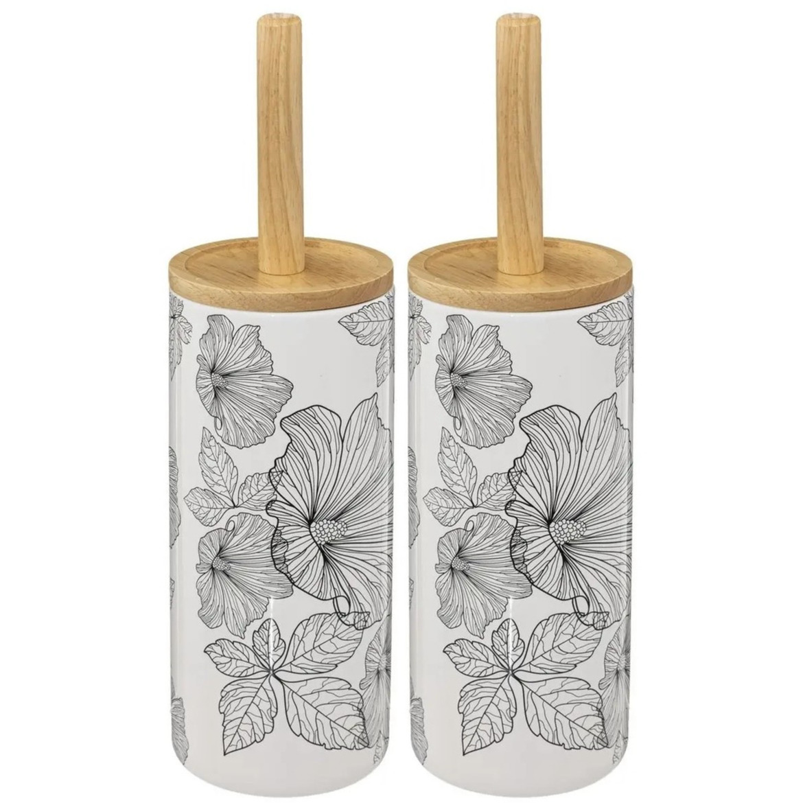 2x stuks WC-/toiletborstel met houder wit/zwart met hibiscus bloemen patroon zandsteen/bamboe 38 cm -