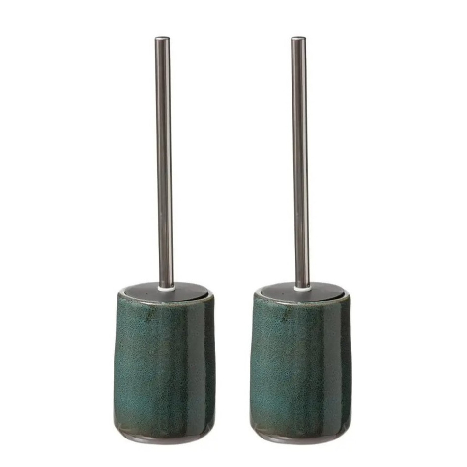 2x stuks WC-/toiletborstel met houder rond petrol blauw keramiek 41 cm -
