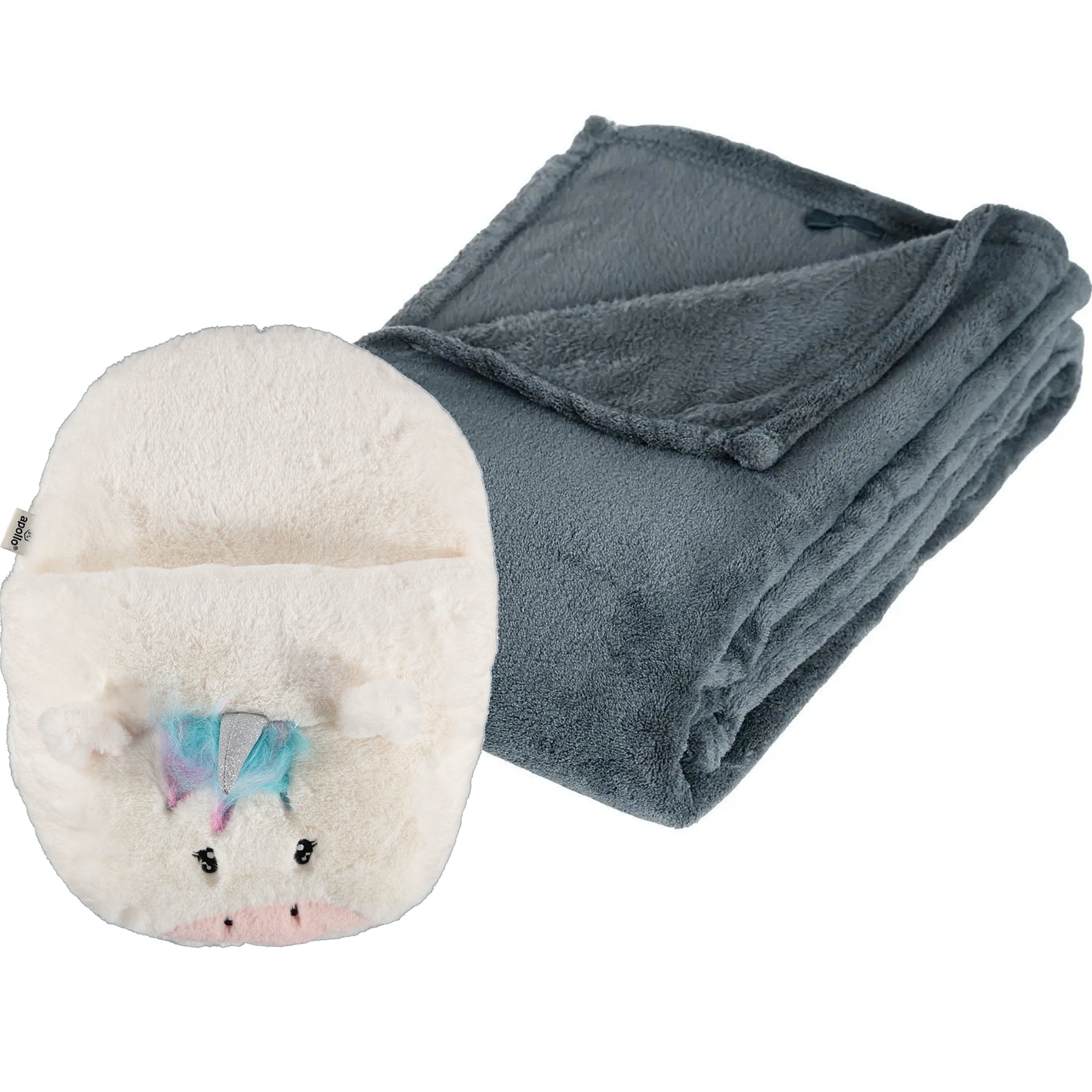 Fleece deken blauwgrijs 125 x 150 cm met voetenwarmer slof eenhoorn one size One size -
