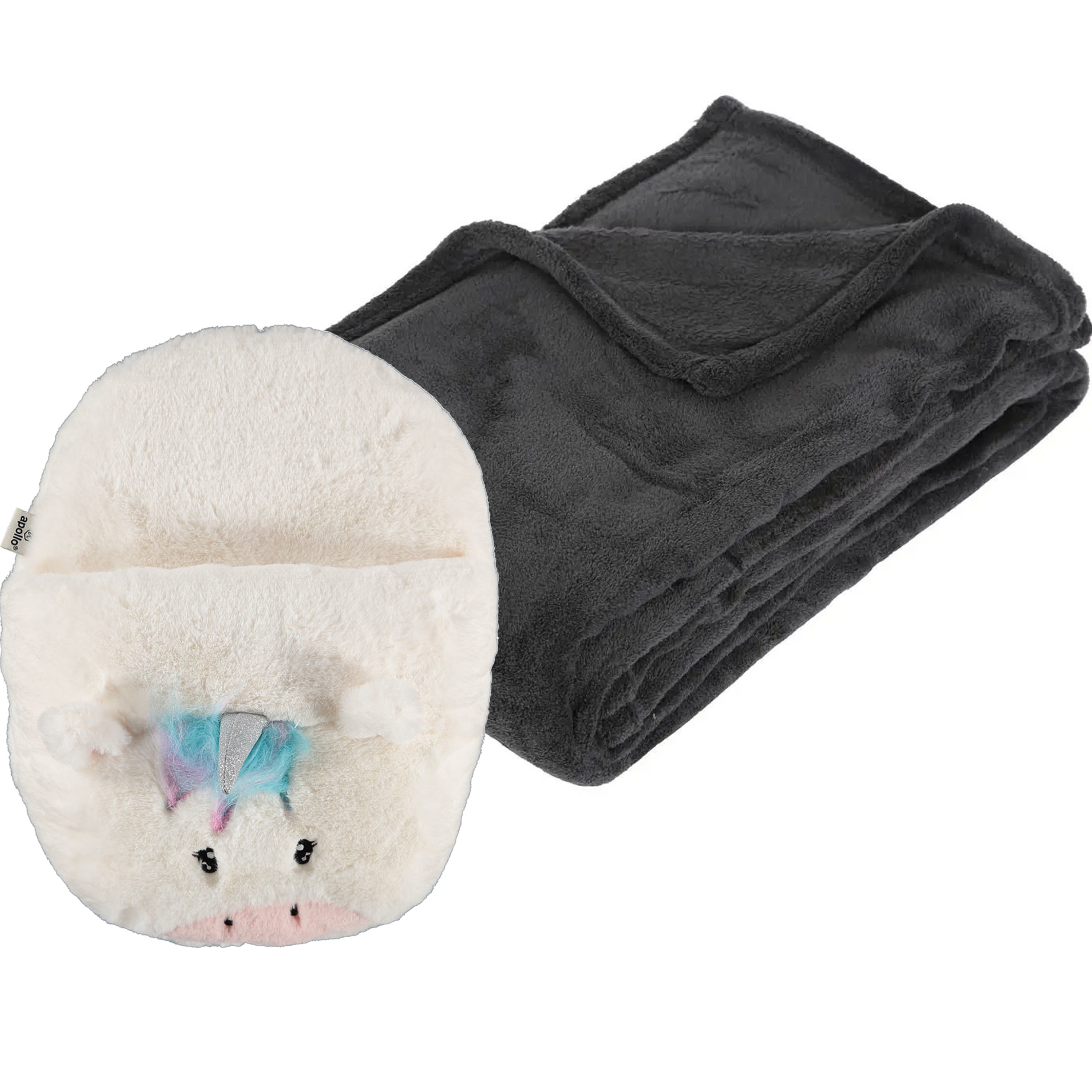 Fleece deken donkergrijs 125 x 150 cm met voetenwarmer slof eenhoorn one size One size -