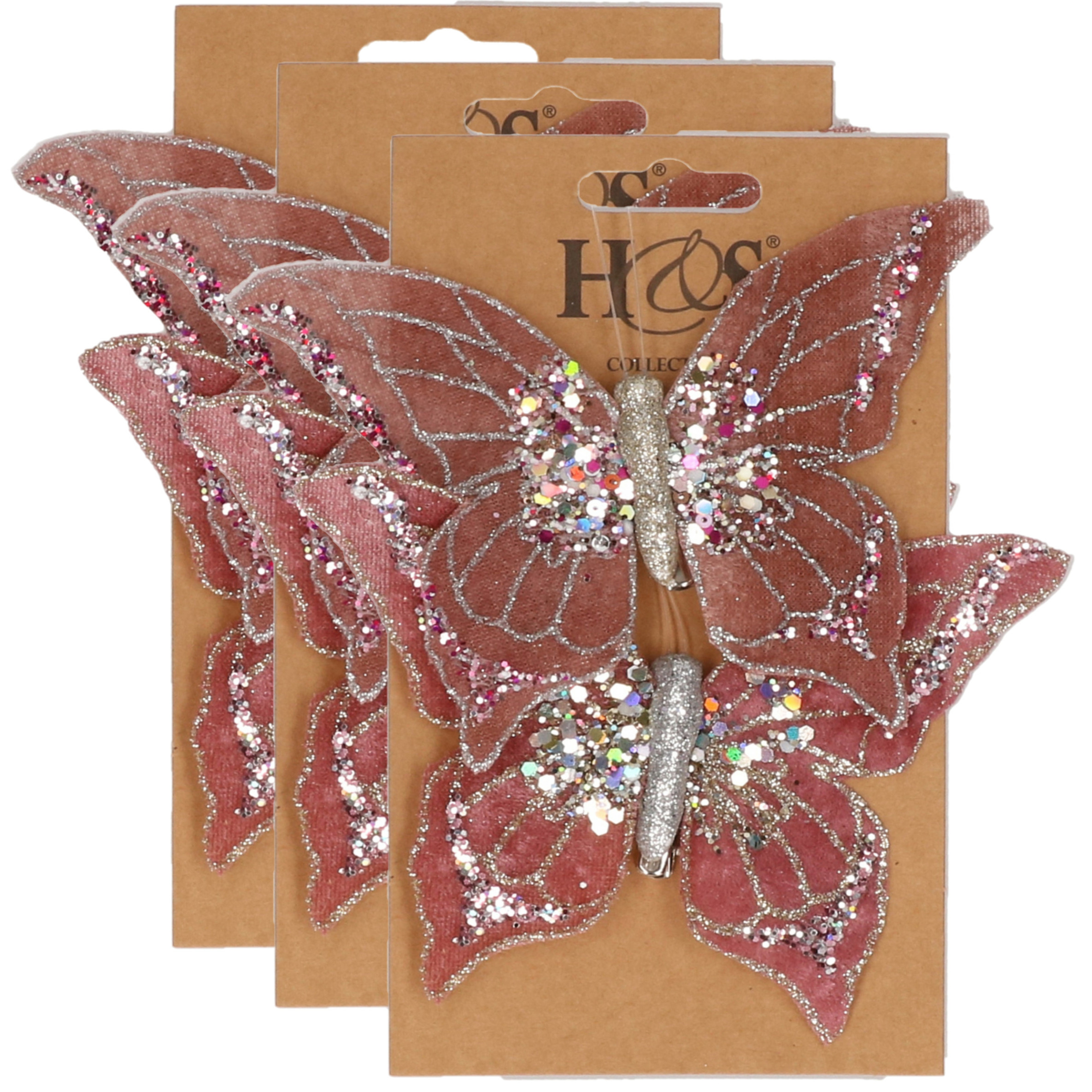 6x stuks kunststof decoratie vlinders op clip roze 10 x 15 cm -