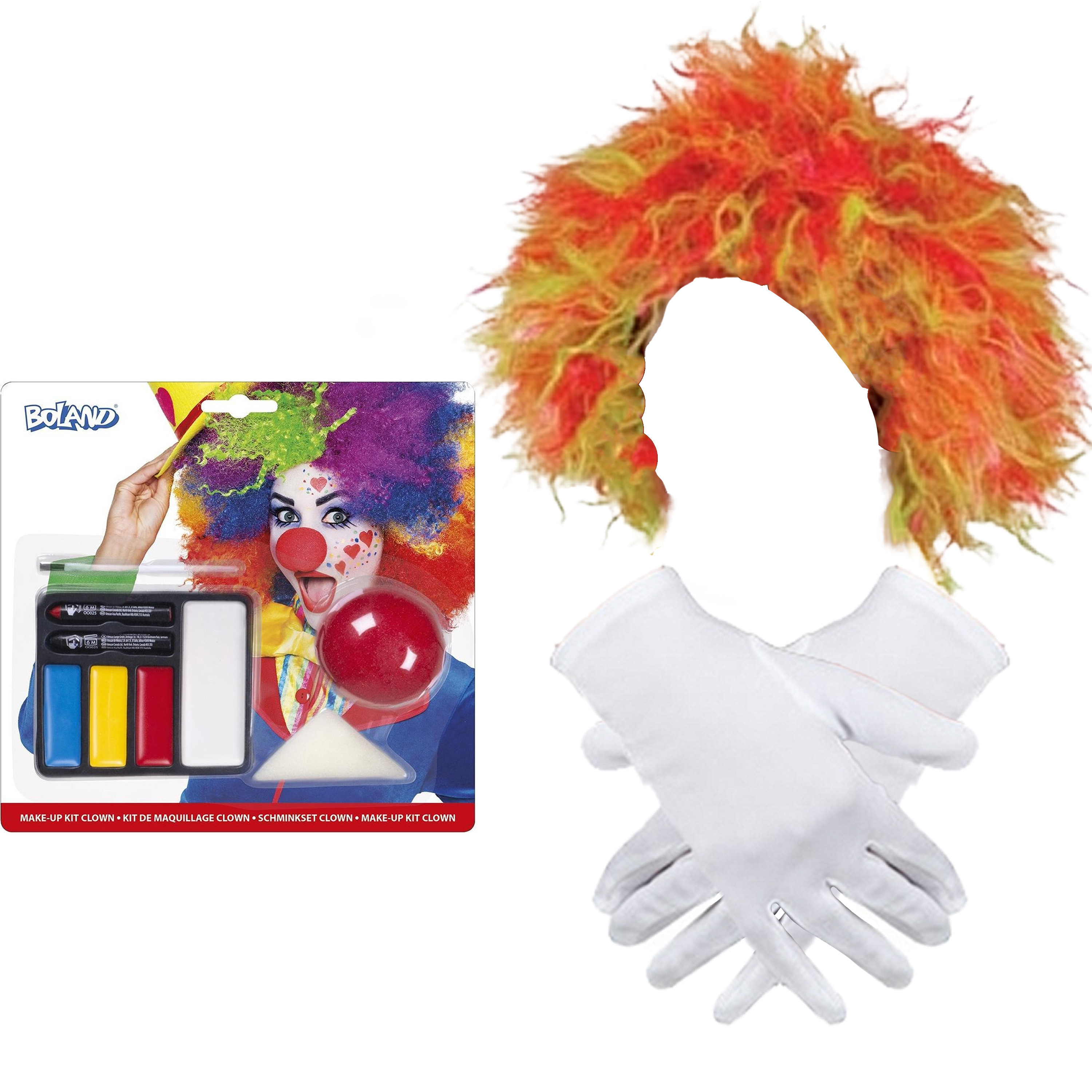 Clown verkleed set volwassenen - Pruik/schmink/handschoenen -