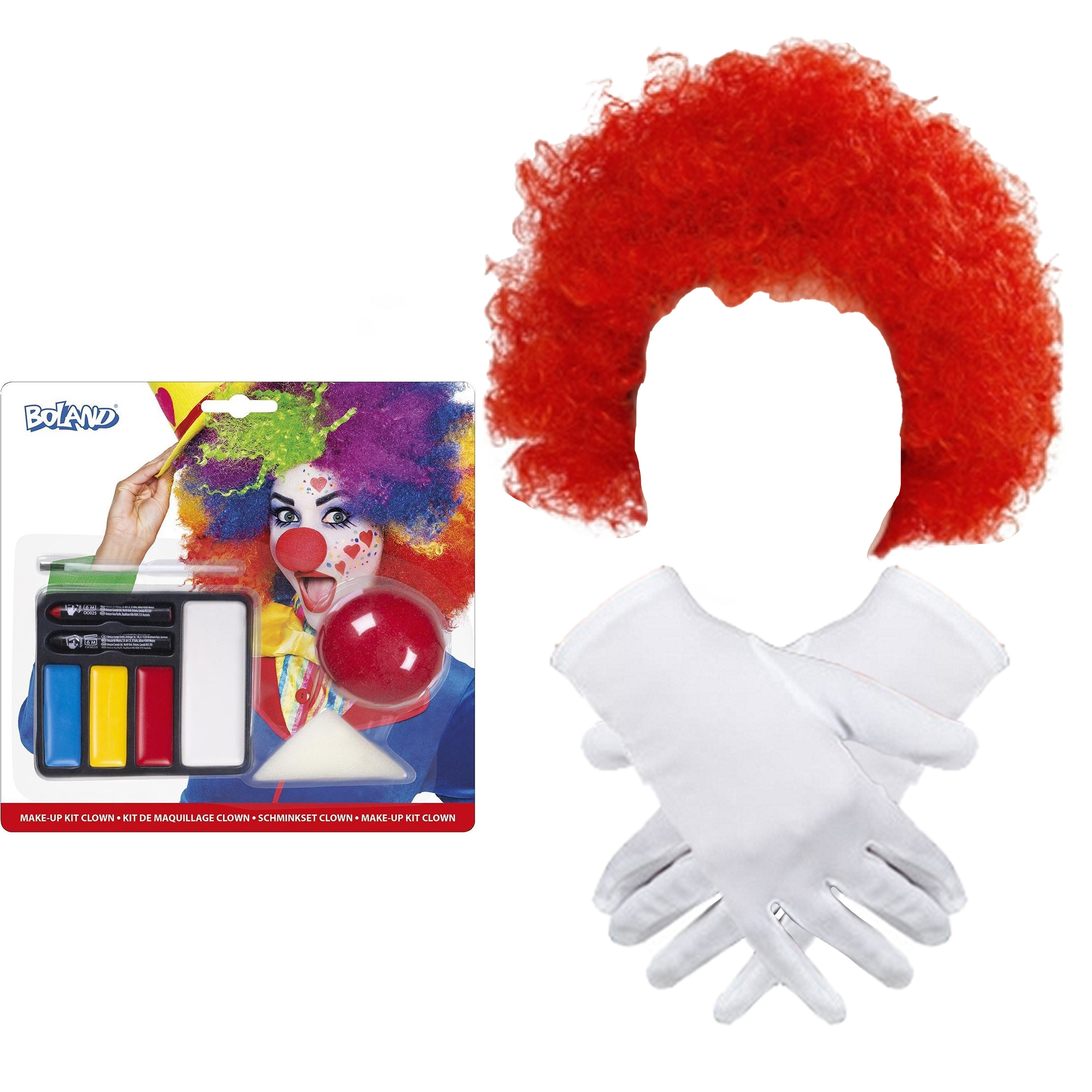 Clown verkleed set volwassenen - Pruik/schmink/handschoenen -