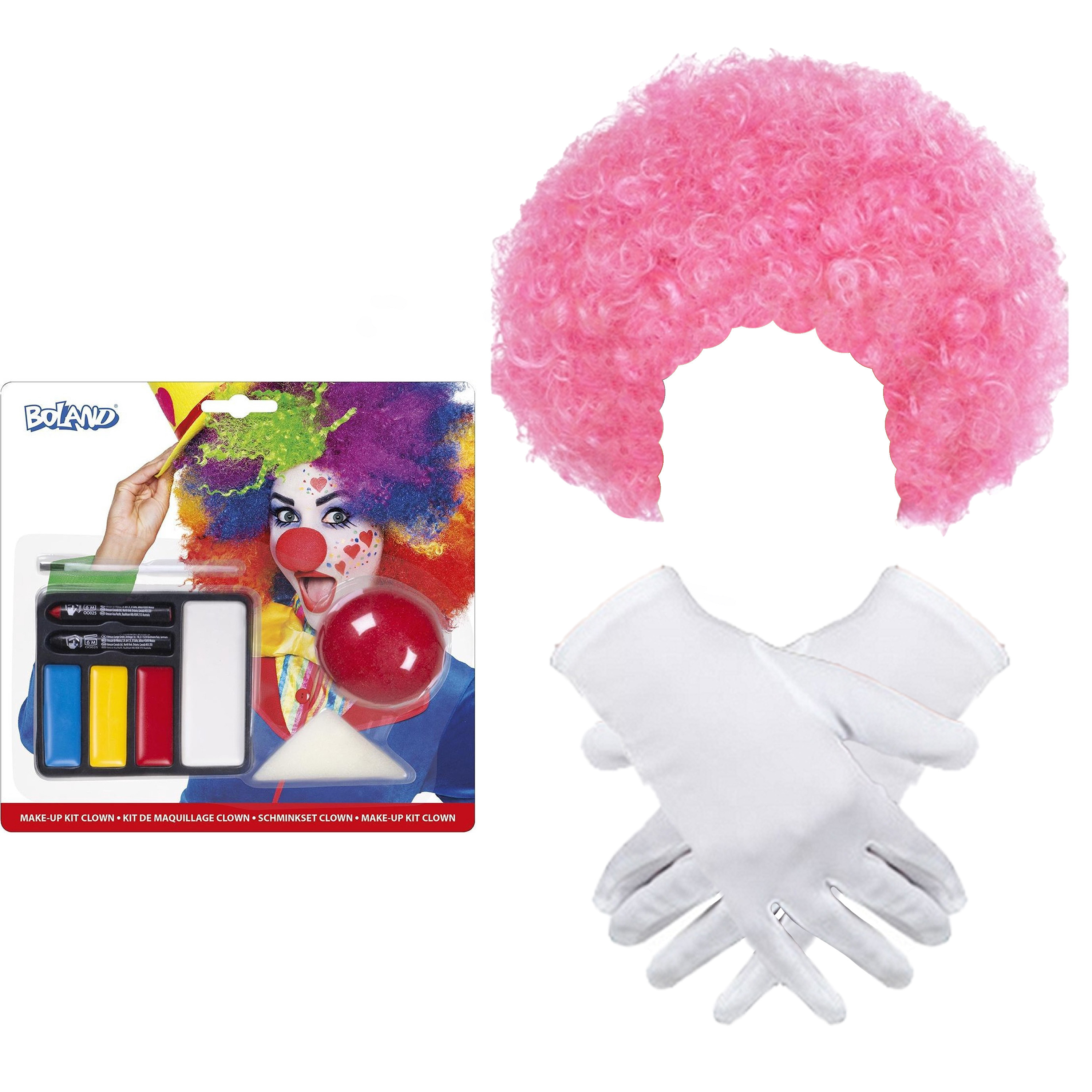 Clown verkleed set volwassenen - Pruik/schmink/handschoenen -