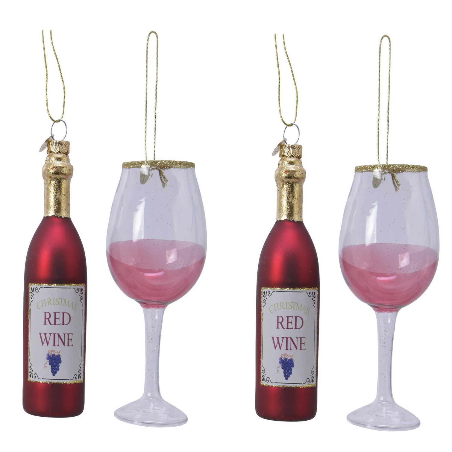 2x stuks glazen kersthangers wijnfles met wijnglas rood kerstornamenten -