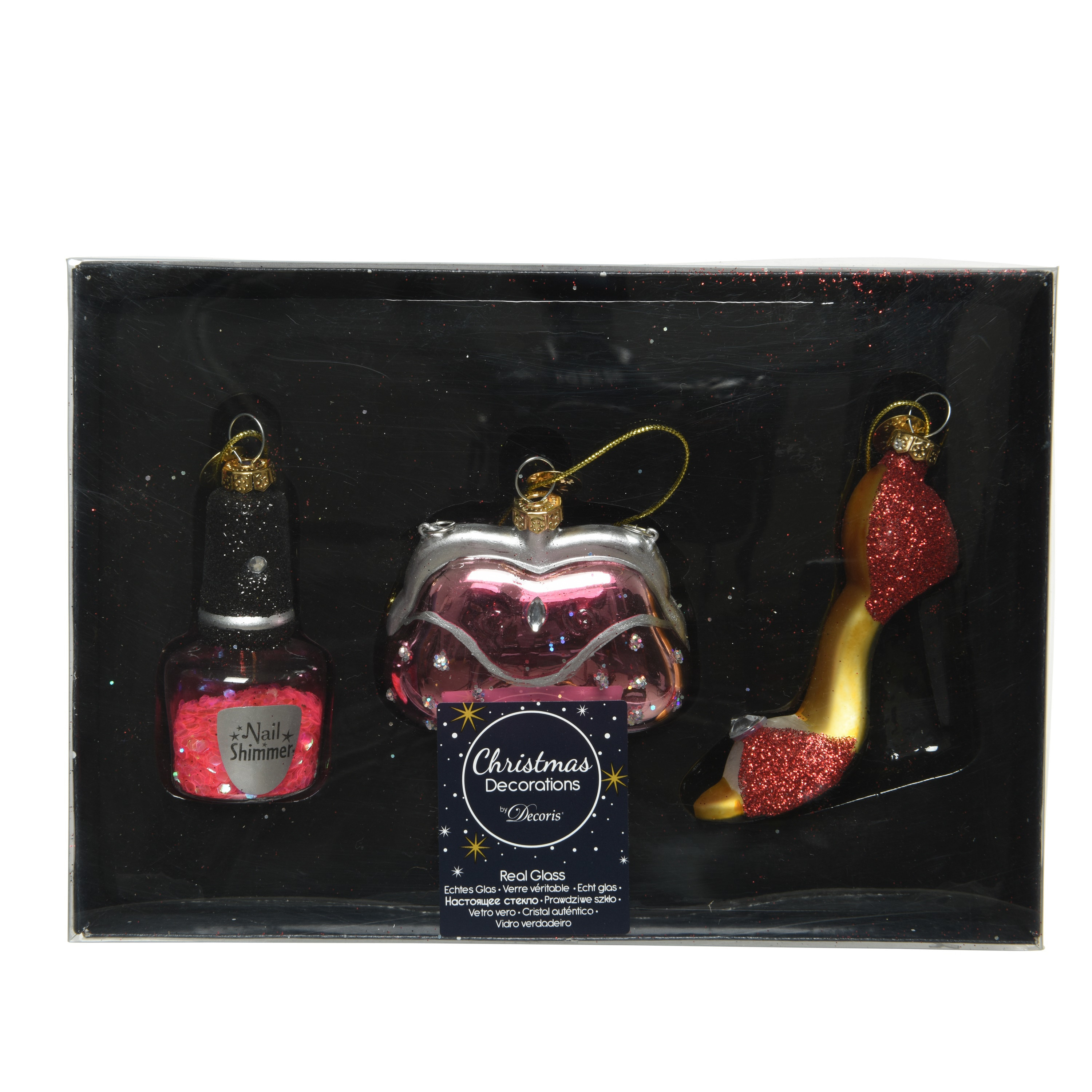 Decoris kersthangers - 3x - nagellak, handtas en pump - 7 cm - glas -