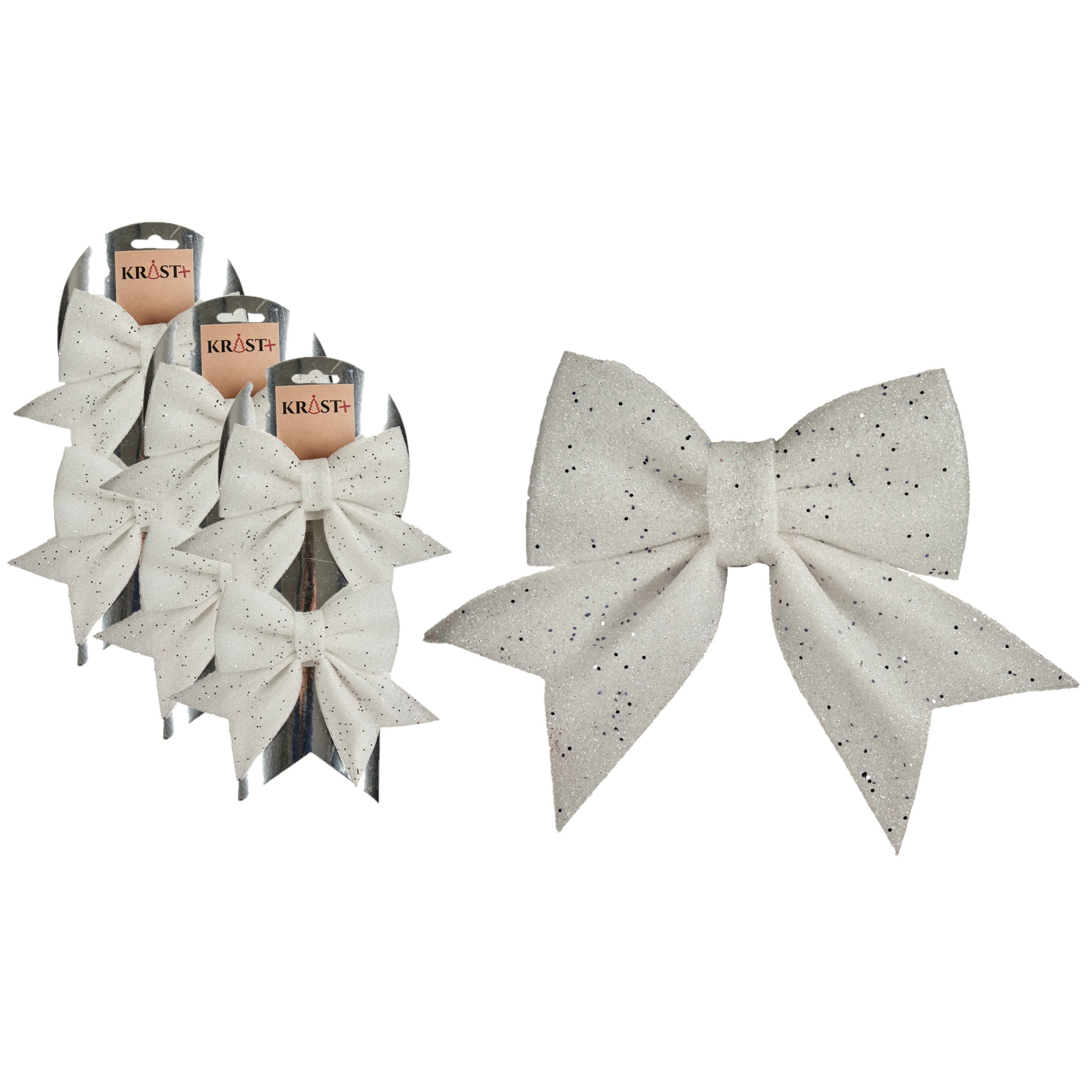 6x stuks kerstboomversieringen kleine ornament strikjes/strikken witte glitters 14 x 12 cm -