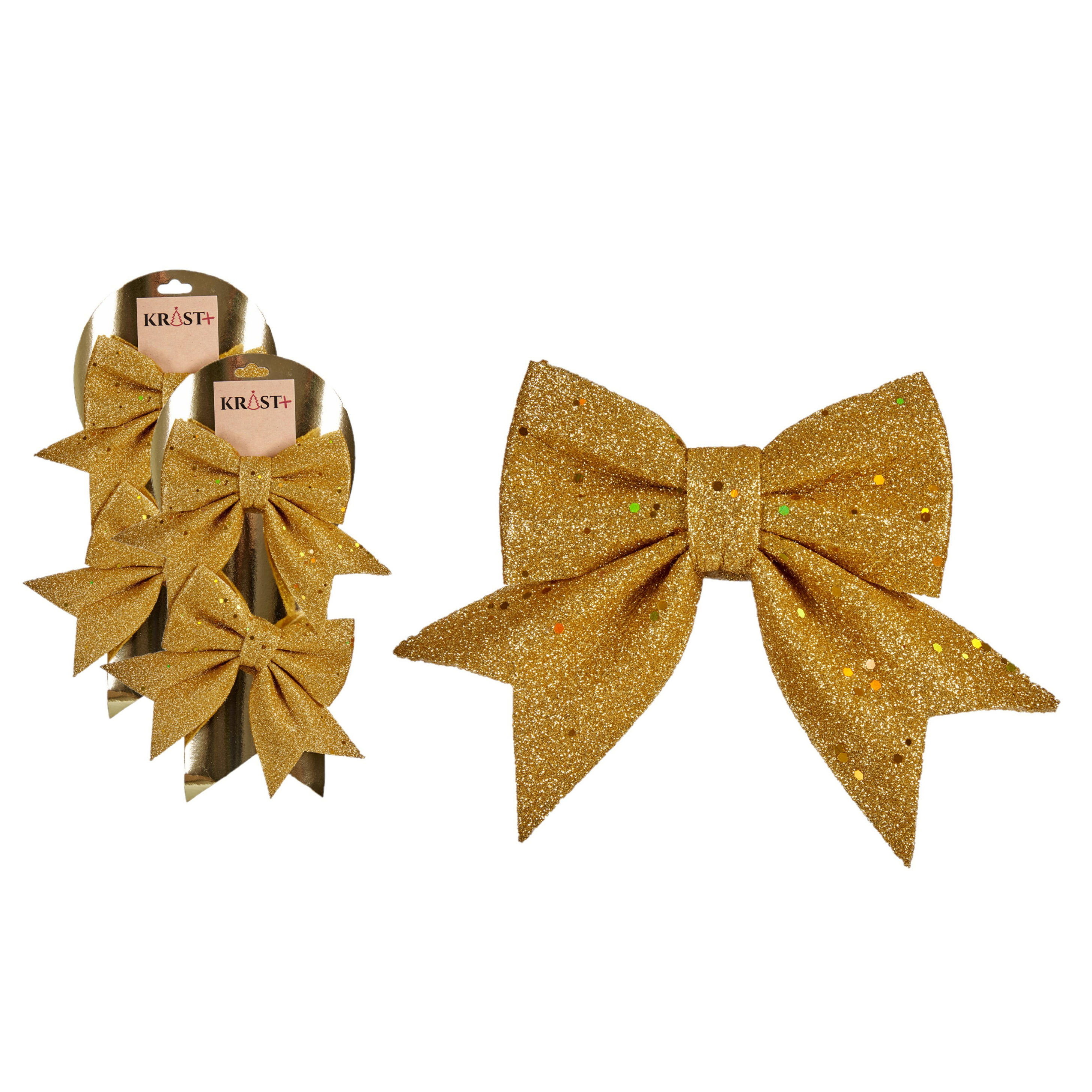 4x stuks kerstboomversieringen kleine ornament strikjes/strikken gouden glitters 14 x 12 cm -