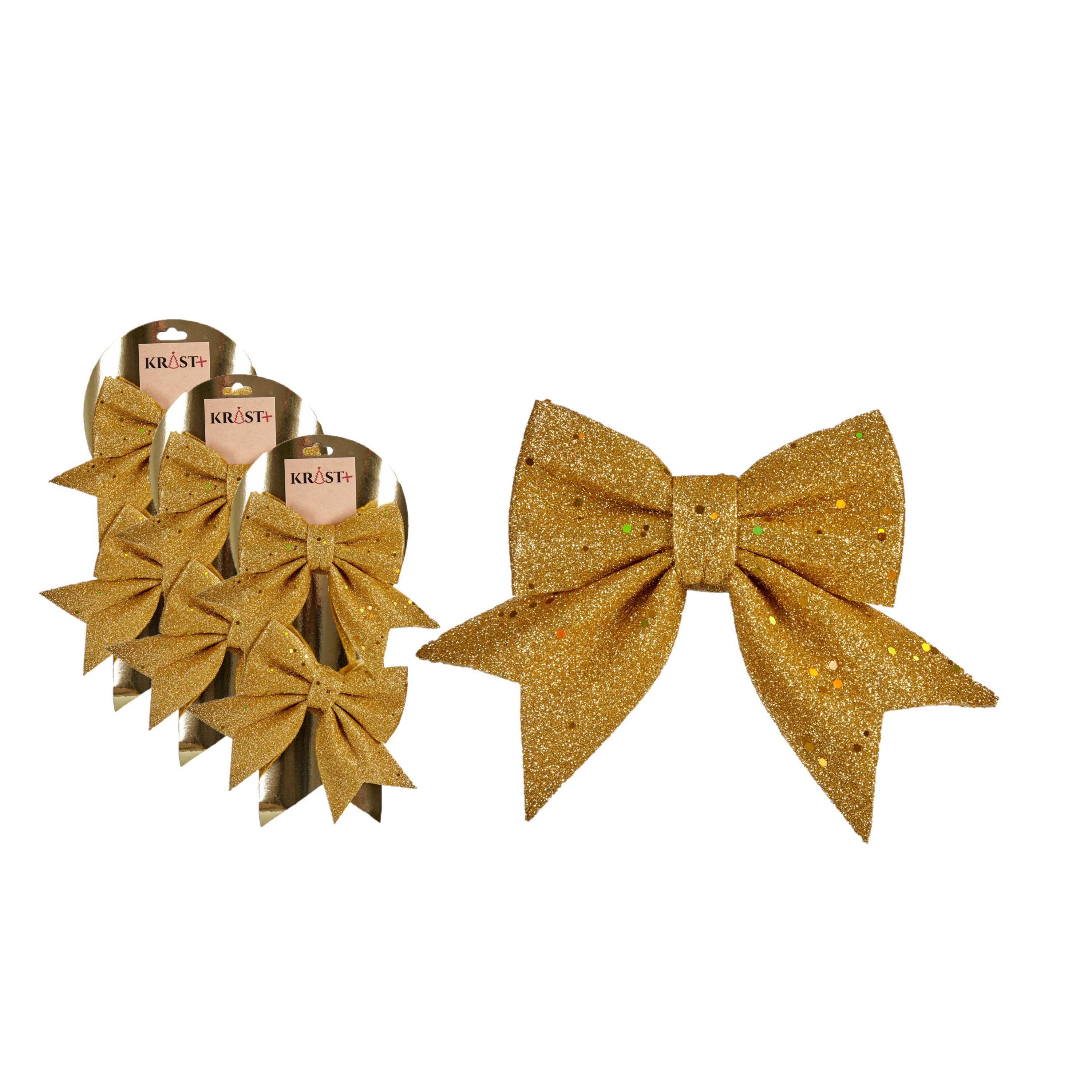 6x stuks kerstboomversieringen kleine ornament strikjes/strikken gouden glitters 14 x 12 cm -