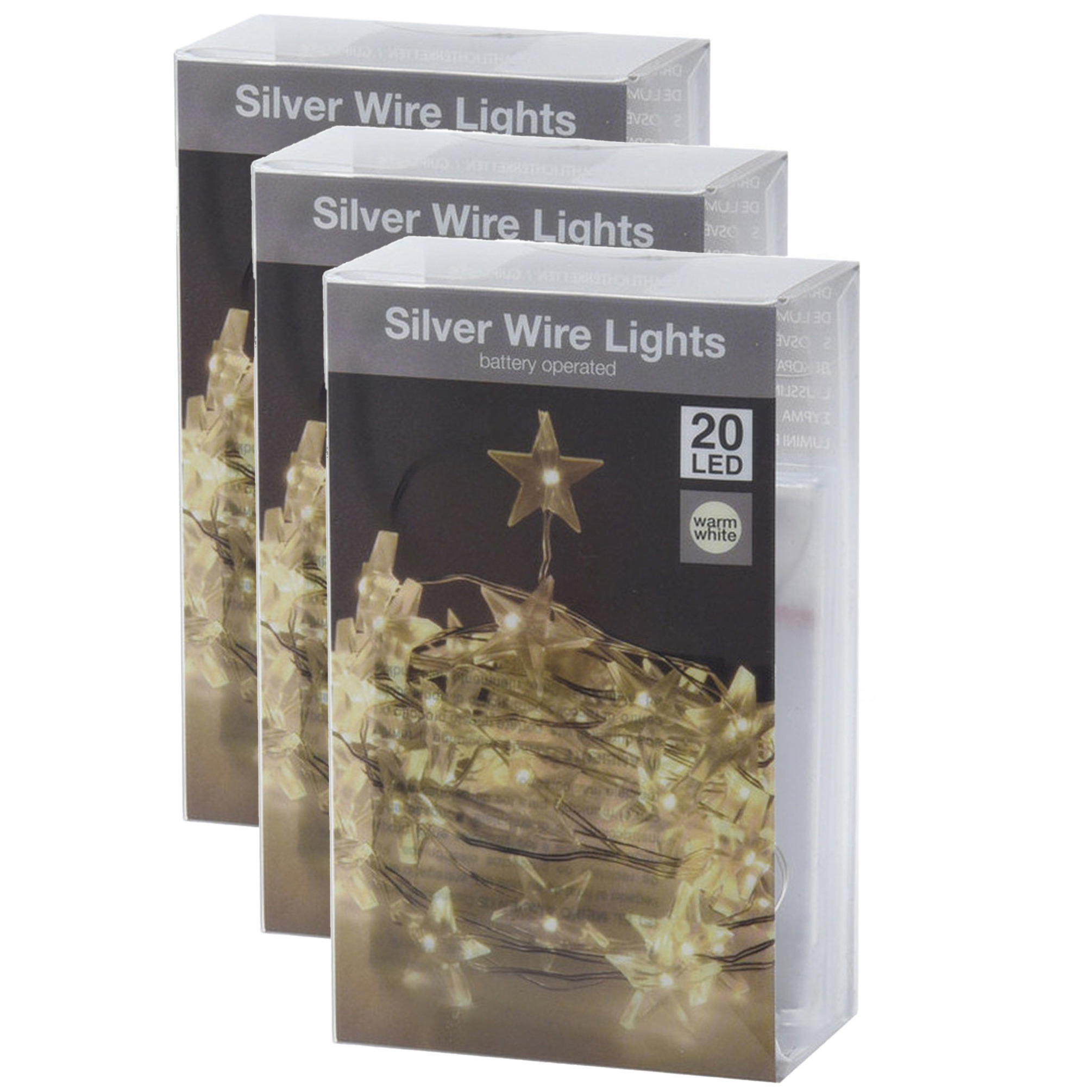 Lichtslingers/lichtsnoeren met sterren - 3 stuks - warm wit - 100 cm -