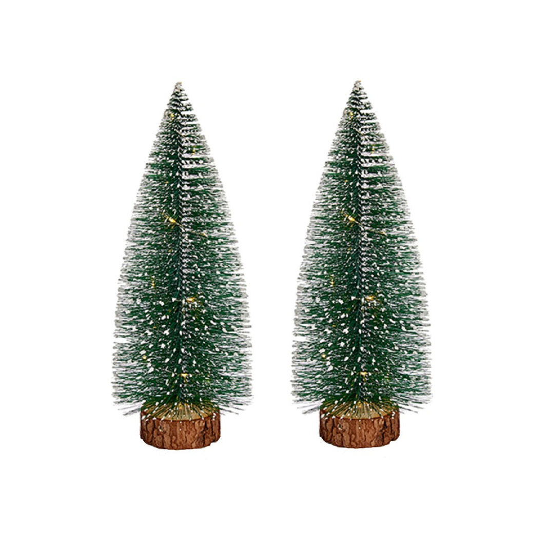 2x stuks kleine/mini decoratie kerstboompjes van 35 cm met witte LED lichtjes -
