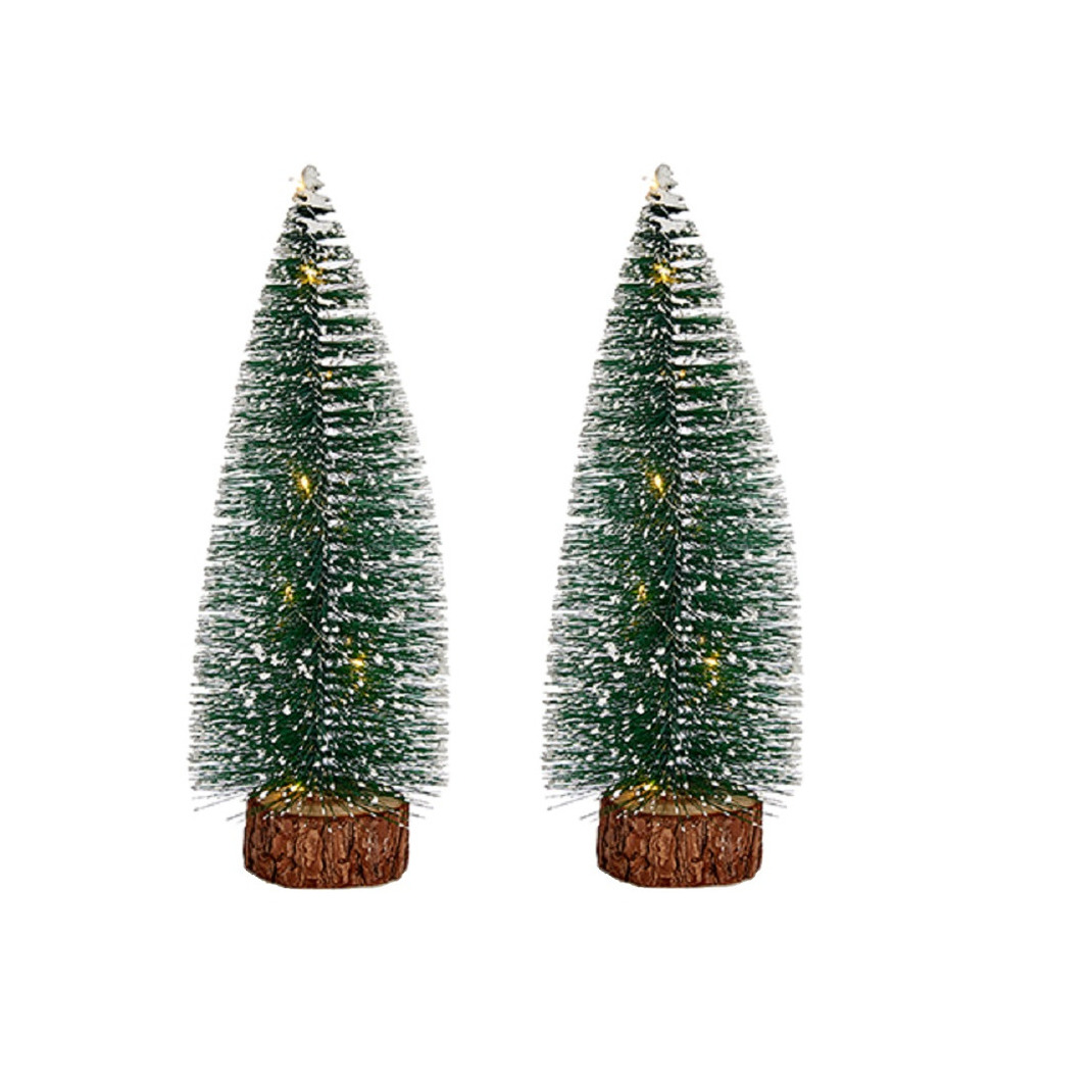 2x stuks kleine/mini decoratie kerstboompjes van 30 cm met witte LED lichtjes -