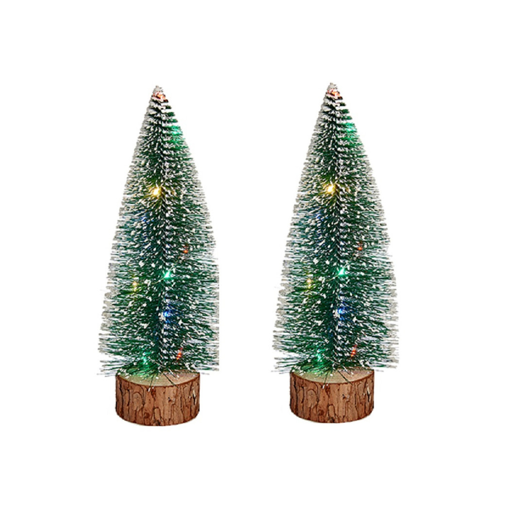 2x stuks kleine/mini decoratie kerstboompjes van 25 cm met gekleurde LED lichtjes -