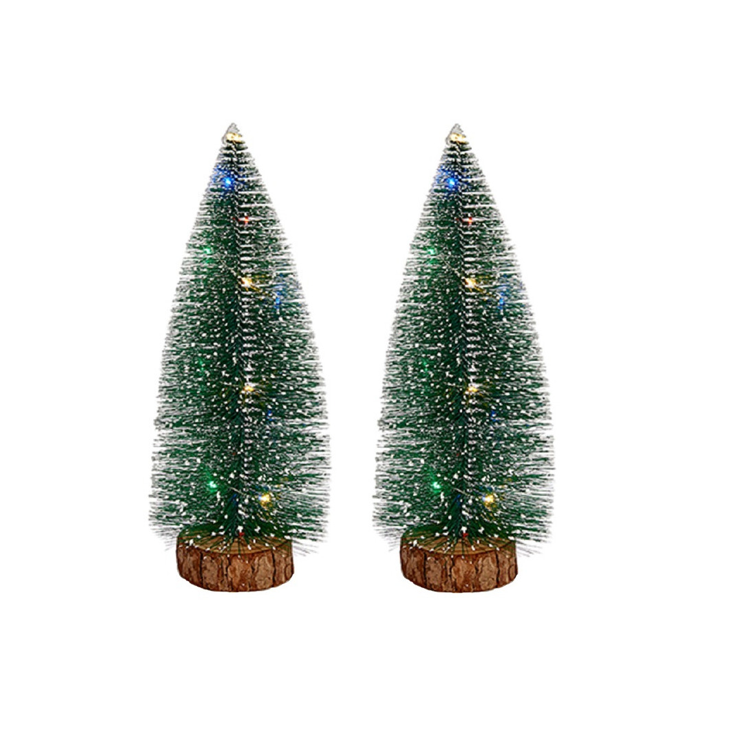 2x stuks kleine/mini decoratie kerstboompjes van 35 cm met gekleurde LED lichtjes -