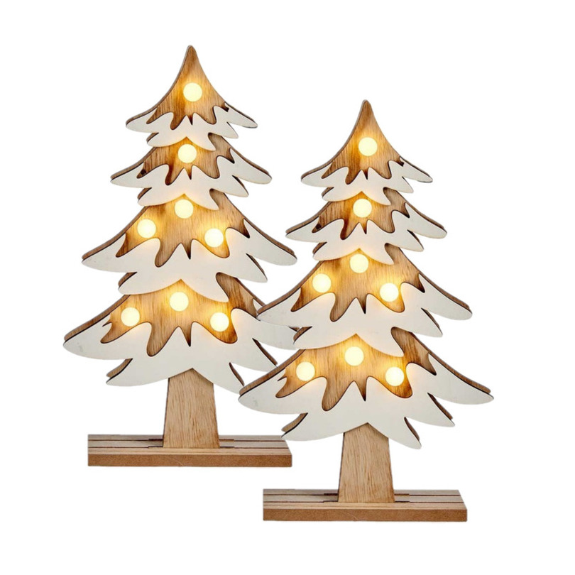 Set van 2x stuks houten kerstboompjes decoratie van 31 cm met LED verlichting -