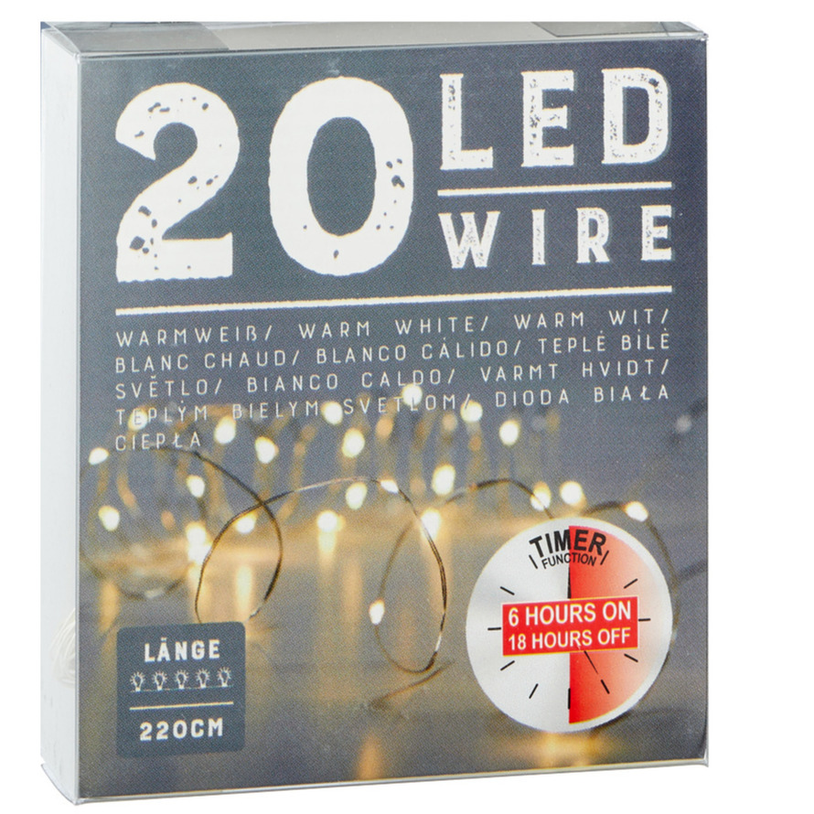Draadverlichting lichtsnoer met 20 lampjes warm wit op batterij 220 cm met timer -