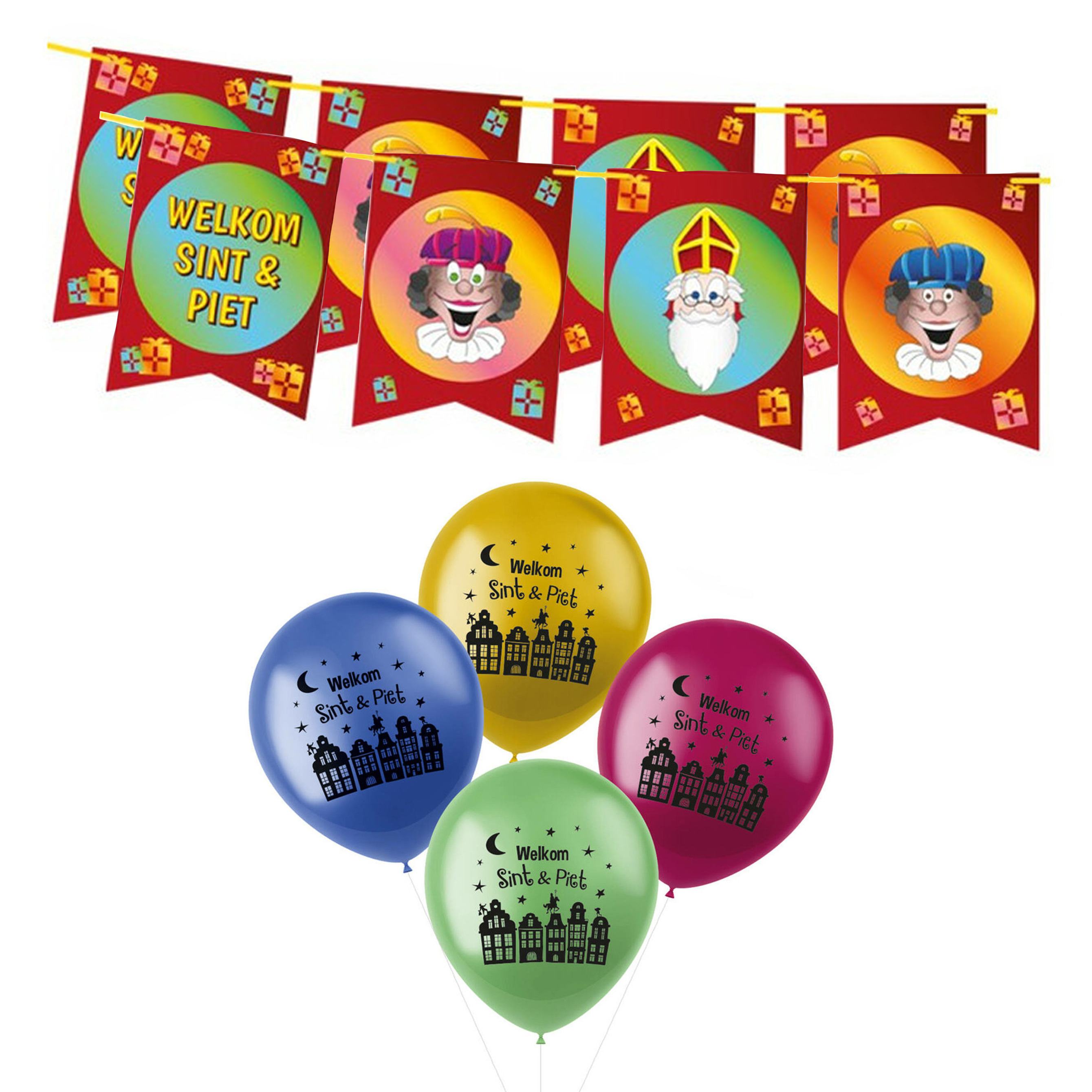 Sinterklaas versiering - Welkom Sint en Piet 2x vlaggenlijn 6 meter en 24x ballonnen -