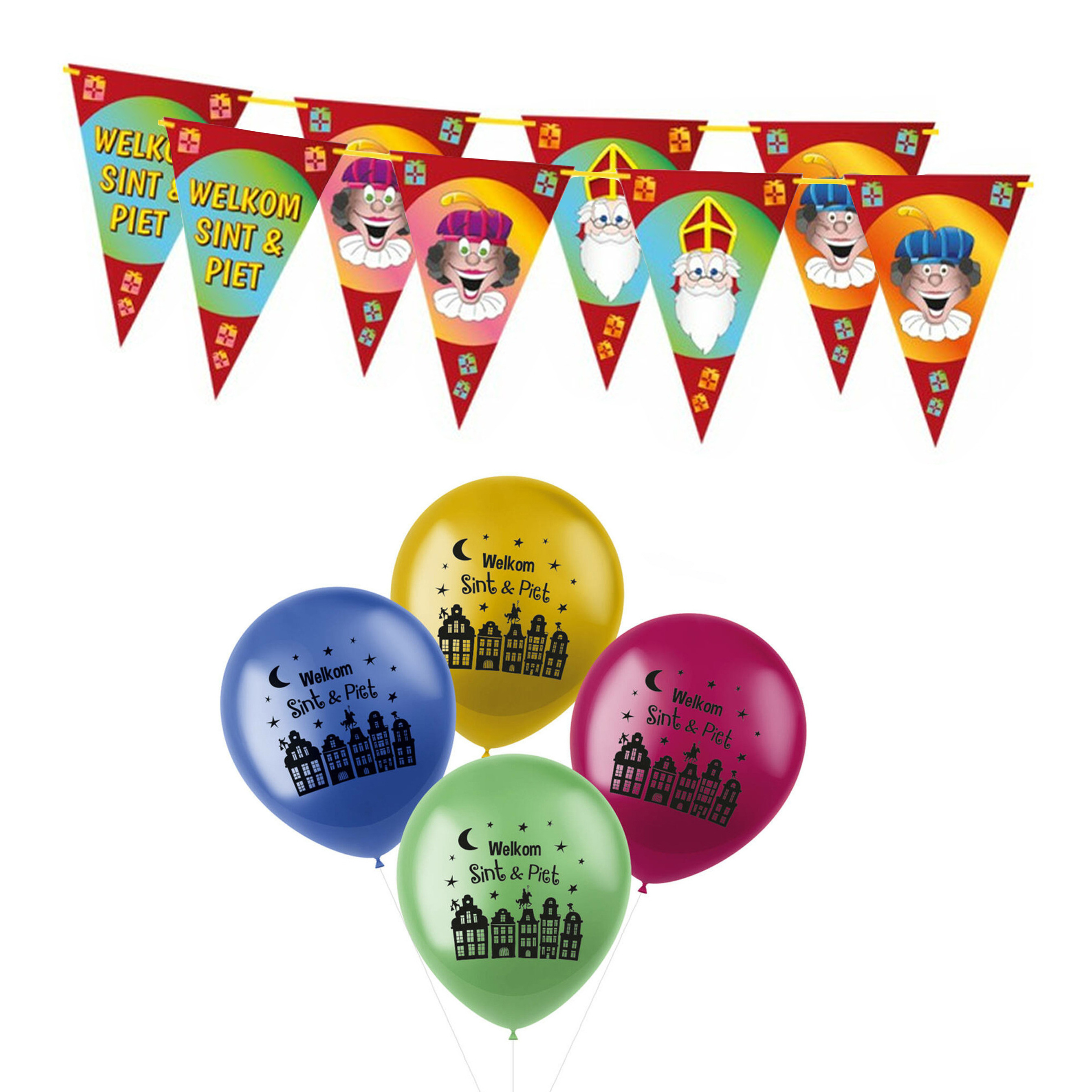 Sinterklaas versiering - Welkom Sint en Piet 2x vlaggenlijn 6 meter en 30x ballonnen -