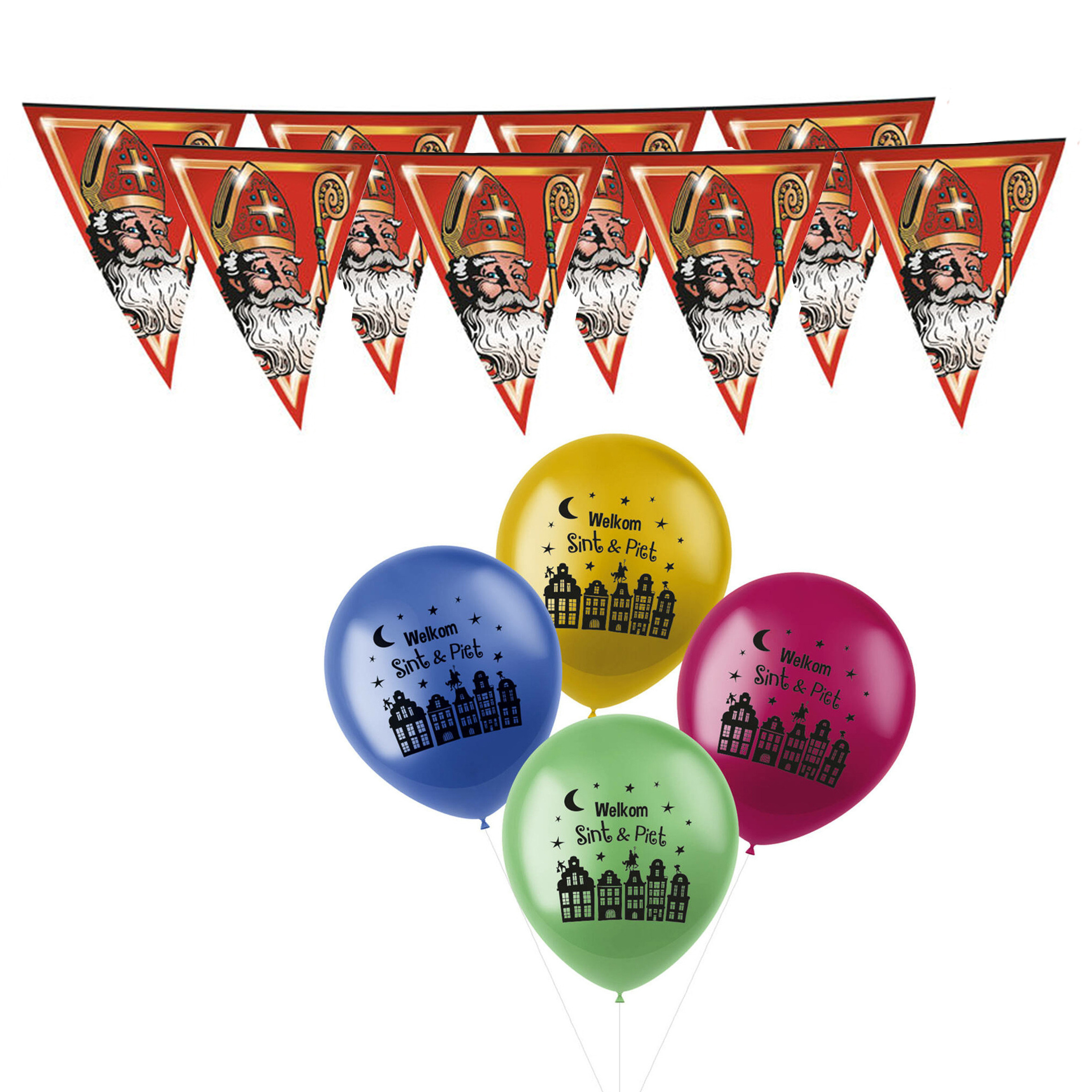 Sinterklaas versiering - 3x stuks plastic vlaggenlijnen 5 meter en 30x ballonnen -