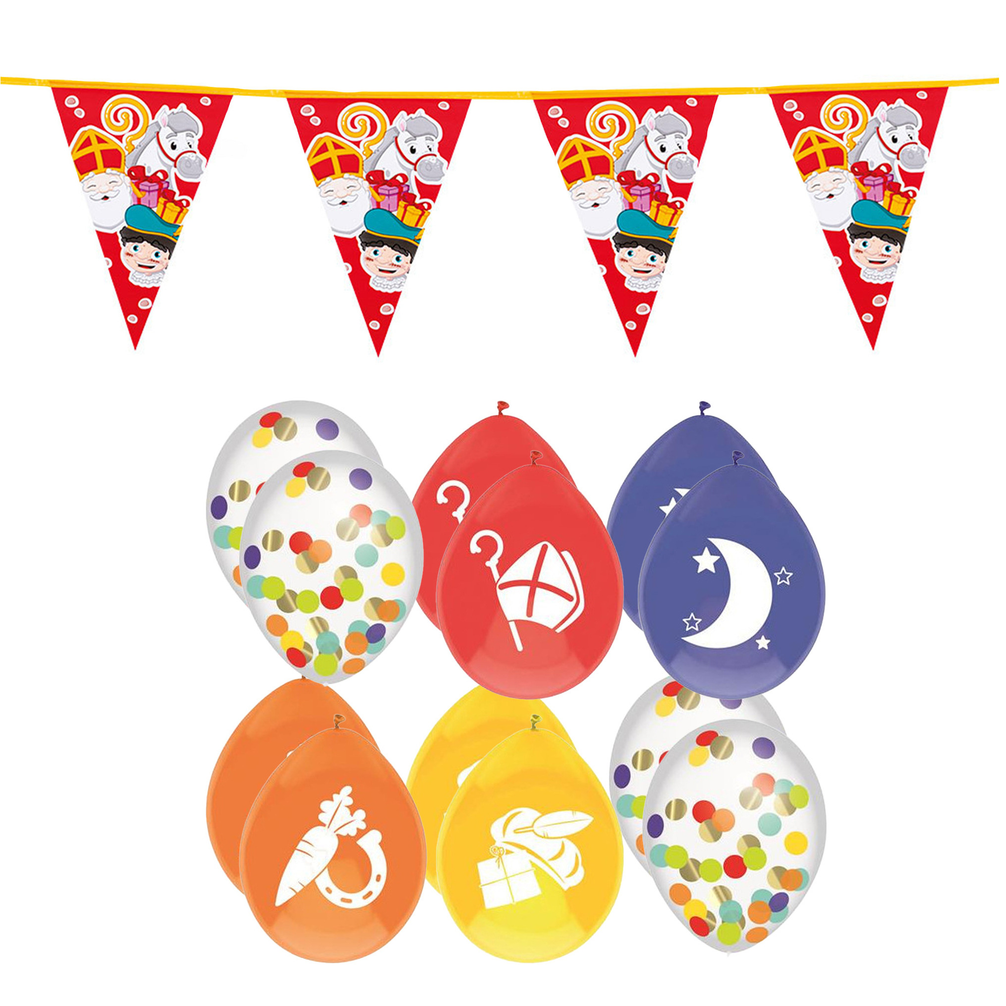 Sinterklaas versiering - 2x stuks plastic Sint/piet vlaggenlijnen 6 meter en 18x ballonnen -