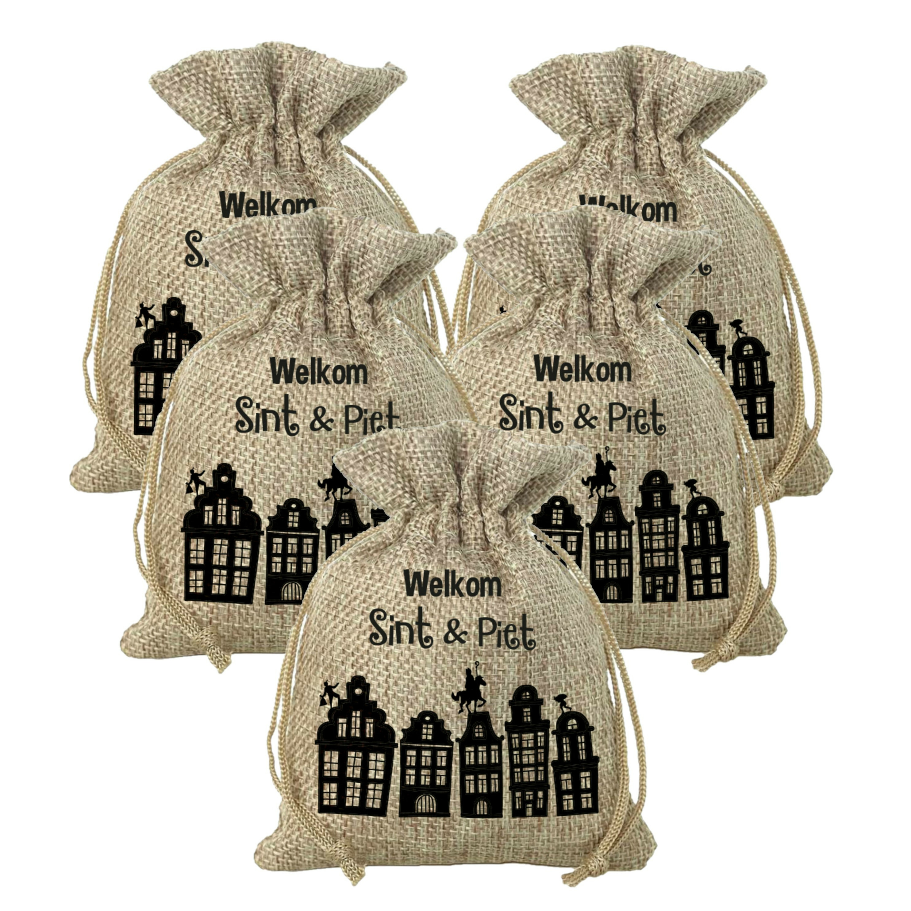 Mini Sinterklaas jute cadeauzak Welkom Sint en Piet - Pakket van 20x stuks - Strooizak met koord - 1 -