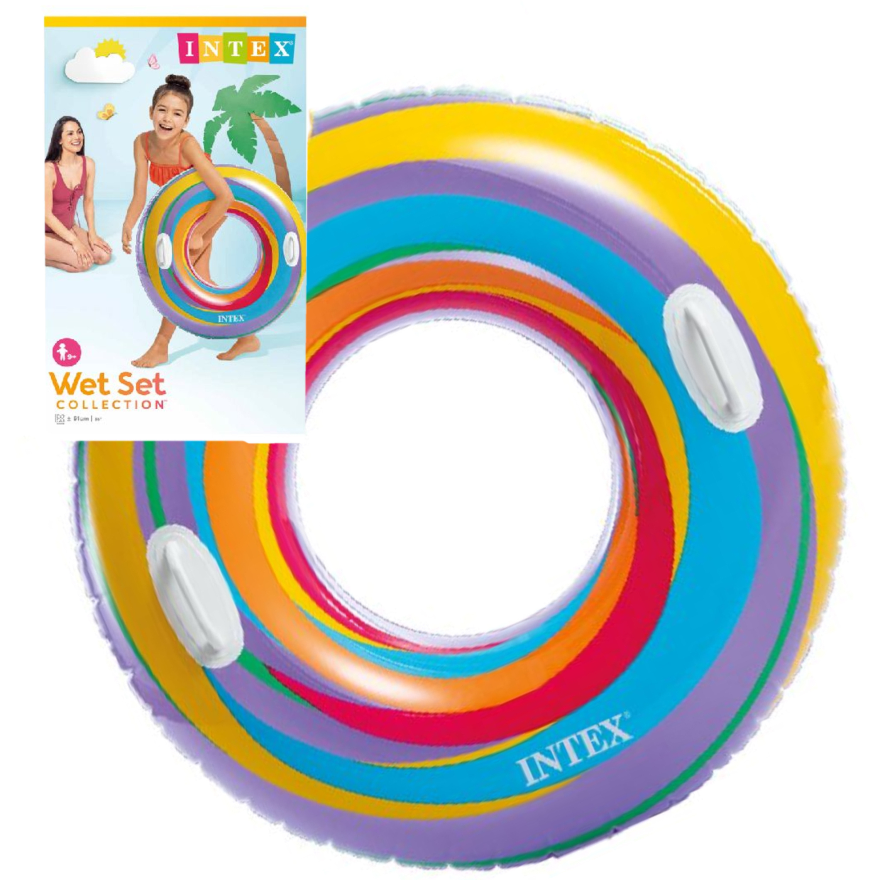 Intex opblaasbare gekleurde zwemband/zwemring ringenprint 91 cm -