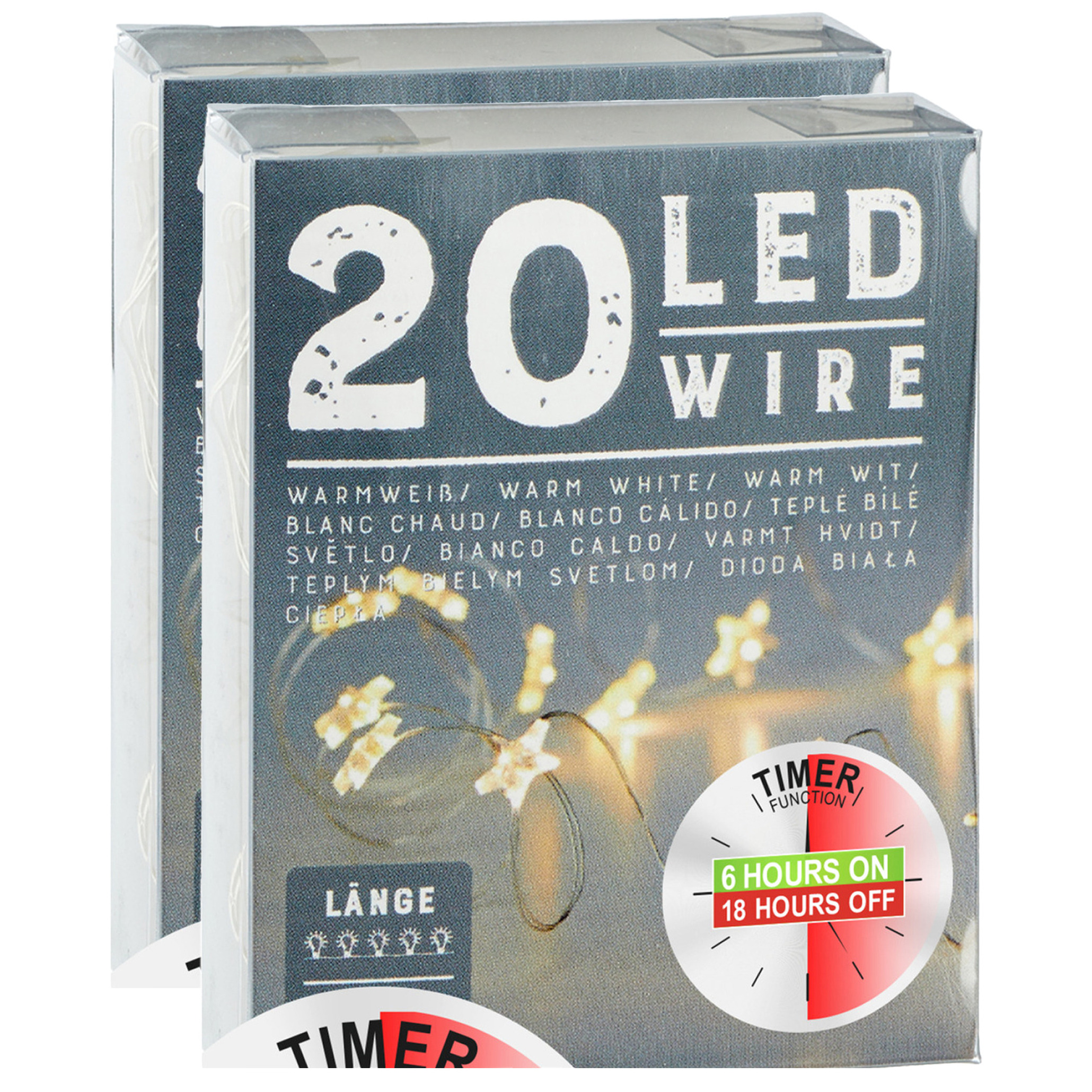 Lichtslingers/lichtsnoeren met sterretjes - 2 stuks - warm wit - 220 cm - timer -
