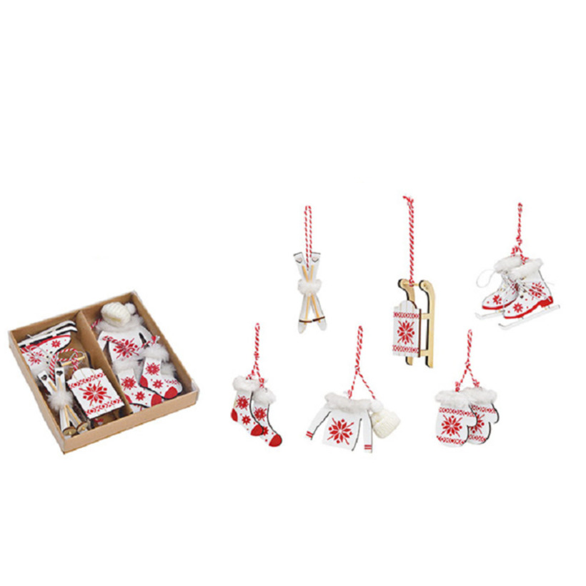 6x stuks houten kersthangers wit/rood wintersport thema kerstboomversiering -