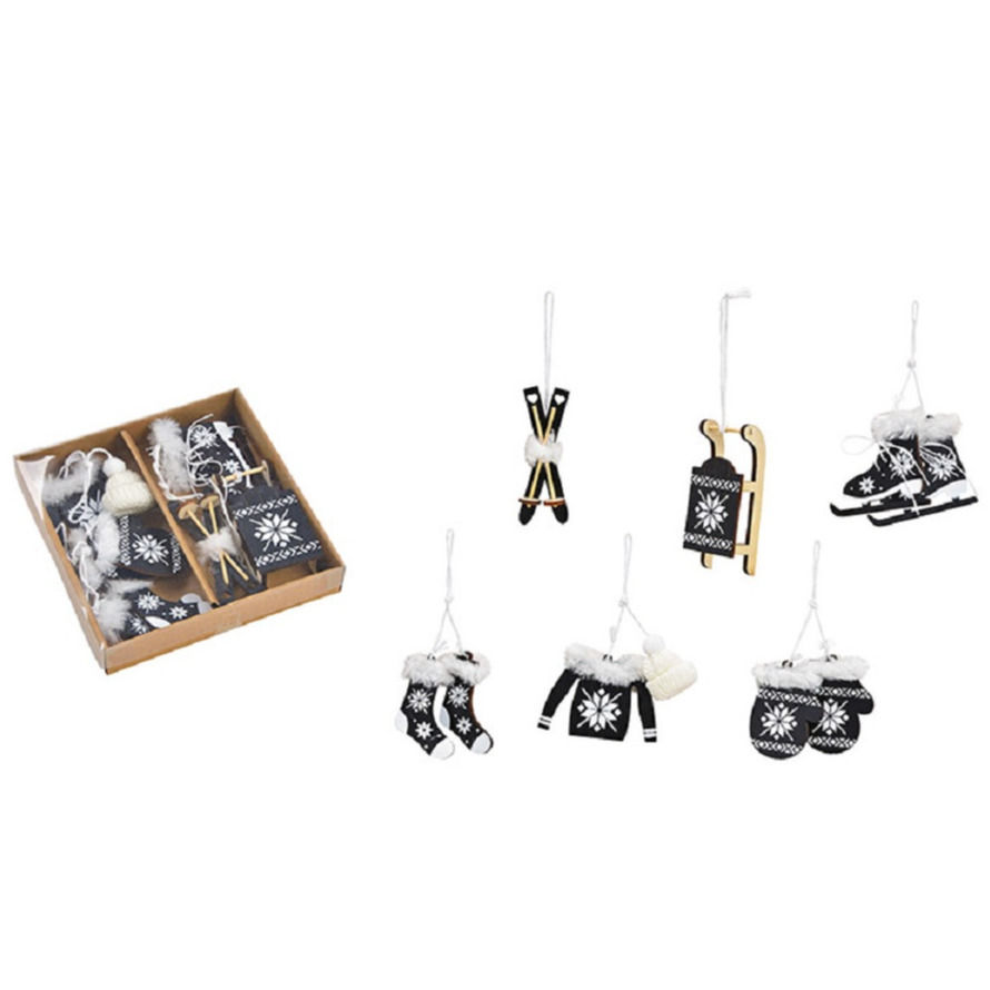 6x stuks houten kersthangers zwart wintersport thema kerstboomversiering -
